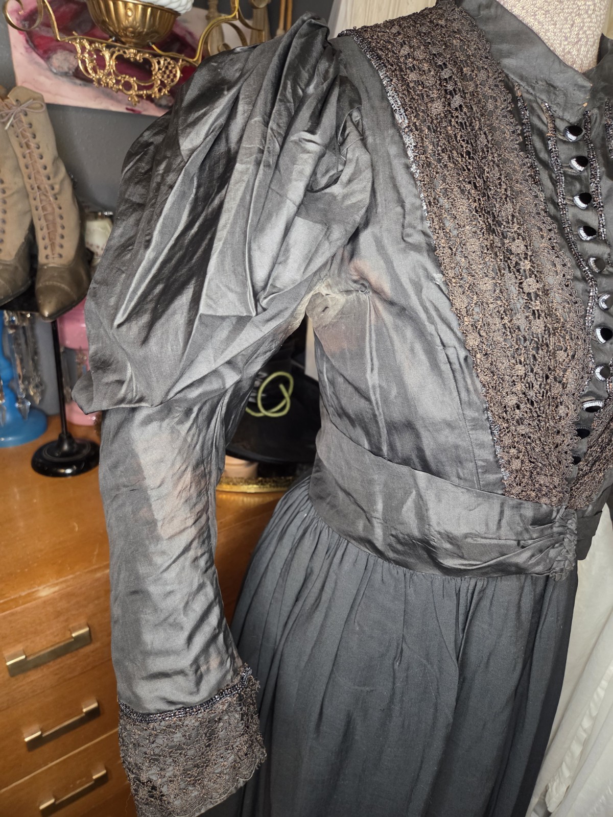 Black Victorian Silk Leg Of Mutton Sleeved Bodice With Lace & Glass Buttons READ