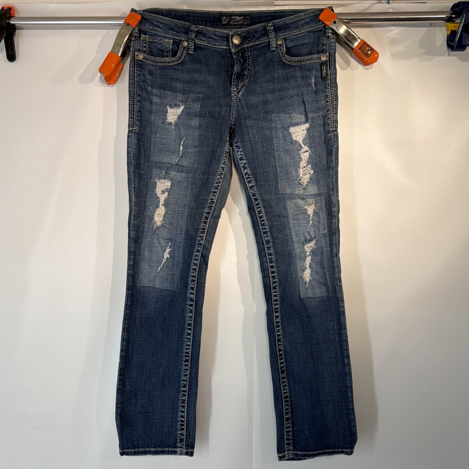 Vintage Silver Jeans Co. Aiko Straight Women’s 33×32 Distressed Blue Denim