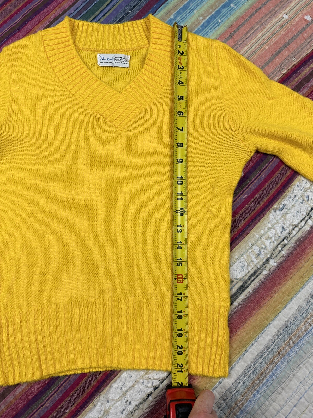Vintage 60s Pandora Solid Bright Yellow V Neck Cottagecore Go Go Pop Sz Small