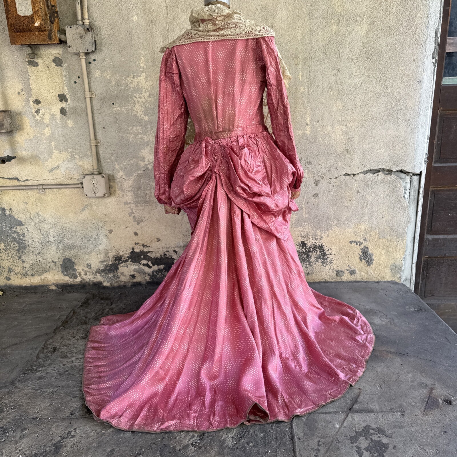 Antique Victorian Pink Silk Dot Print Dress Side Bustle Gown Lace 1880s Vintage