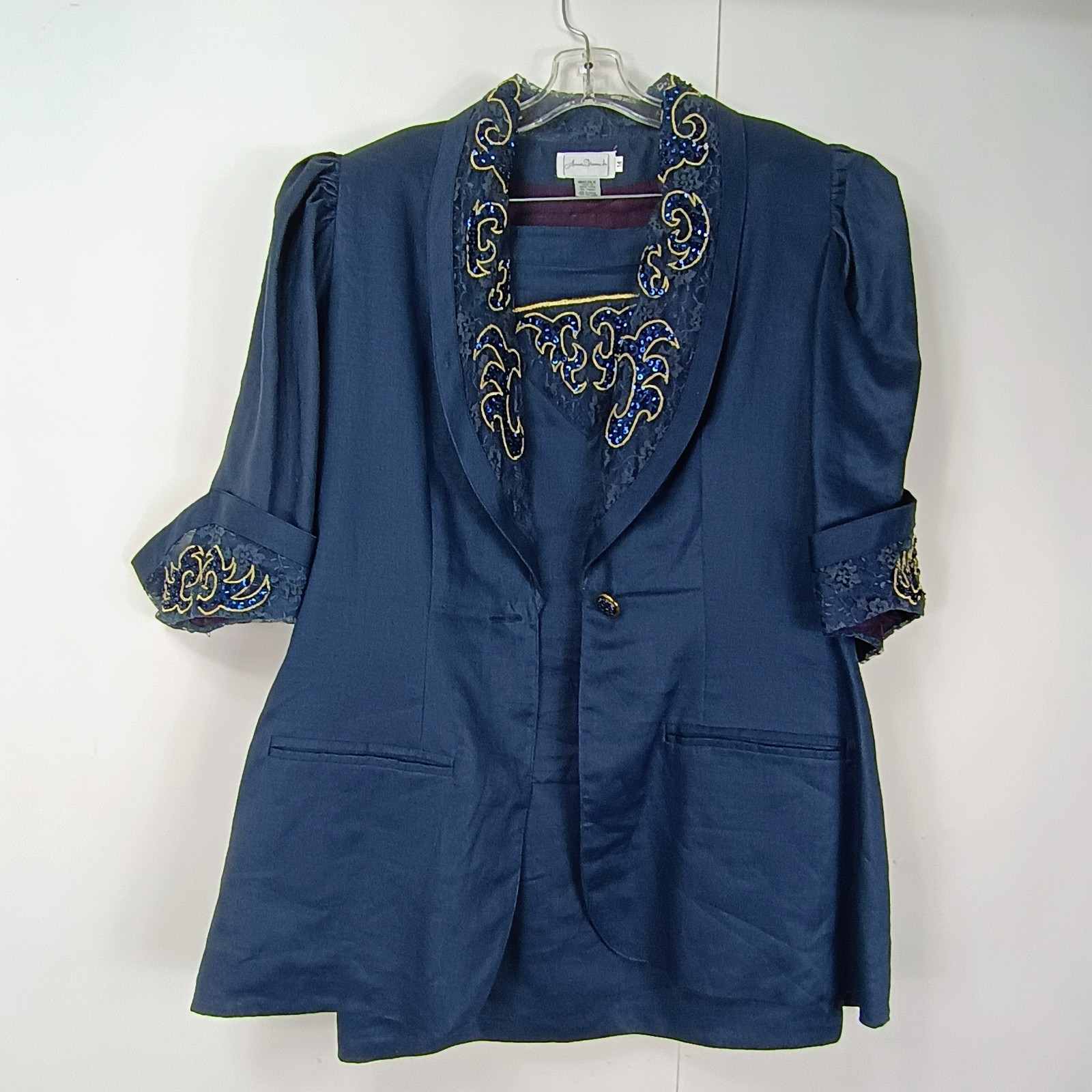 Vtg Anne French 3pc Ramie/Silk Skirt Suit Sz 14 Sequin/Lace Lapels & Inserts