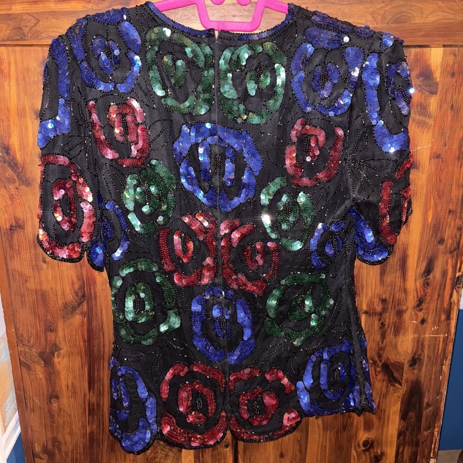 Vintage 80’s Sténay Red Blue Green Colorful Sequin Beaded Top Medium