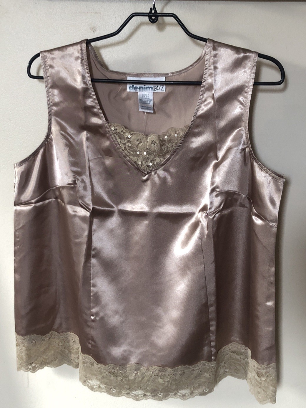 Vtg Denim 24/7 Womens 14W Silky Cami Slip Top Lace Sequins Rose Gold Champagne