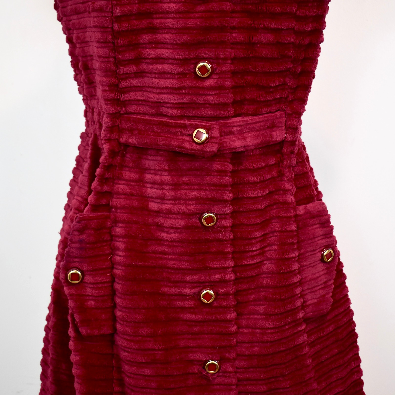 Mod 60s VTG. Corduroy Mini Dress XS-S SP Wide Whale Chunky Cranberry Red