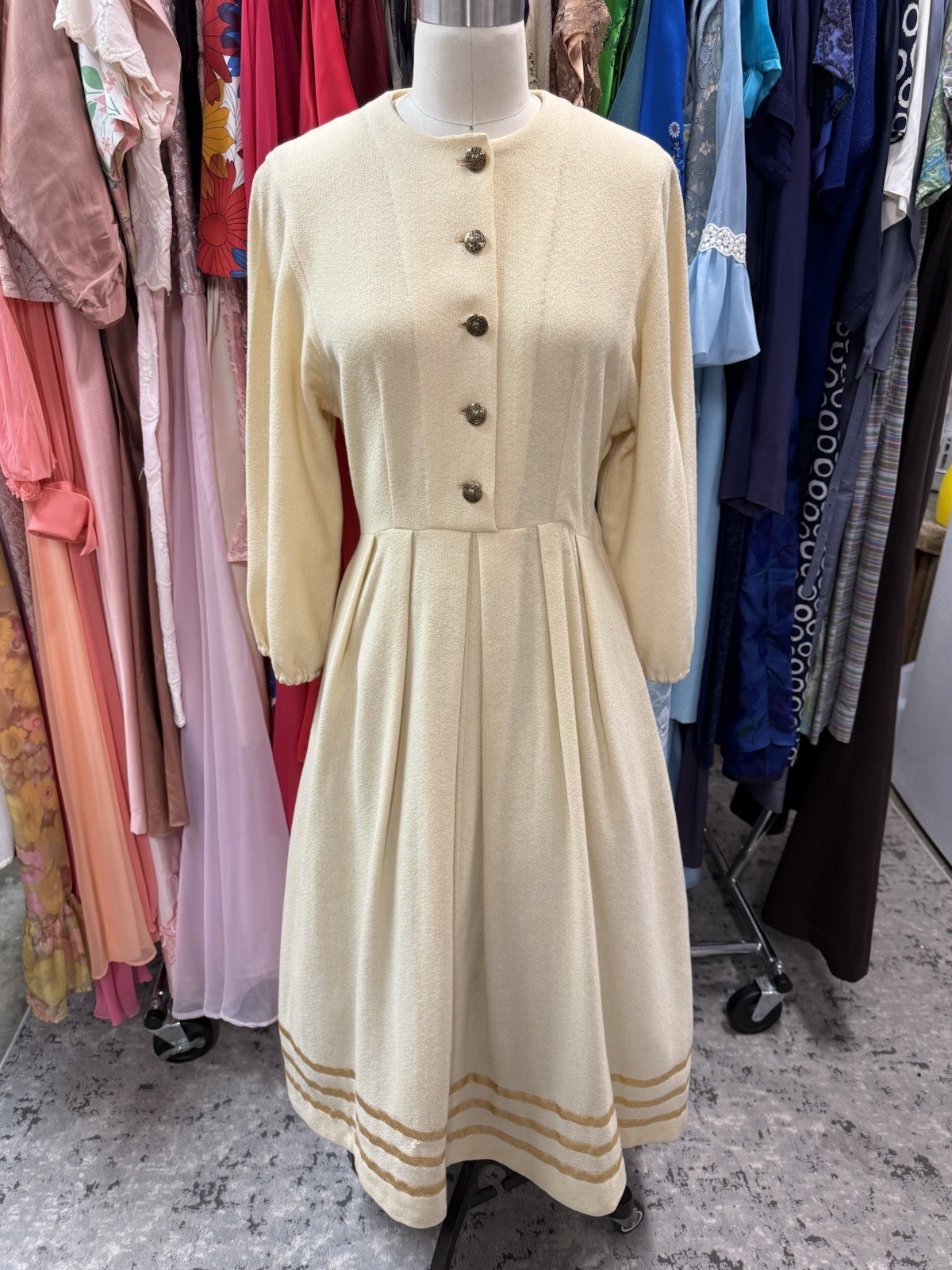 Vintage 1940s Ivory Wool Aline Dress Gathered Skirt w/Gold Trim S/M 35b X 29w