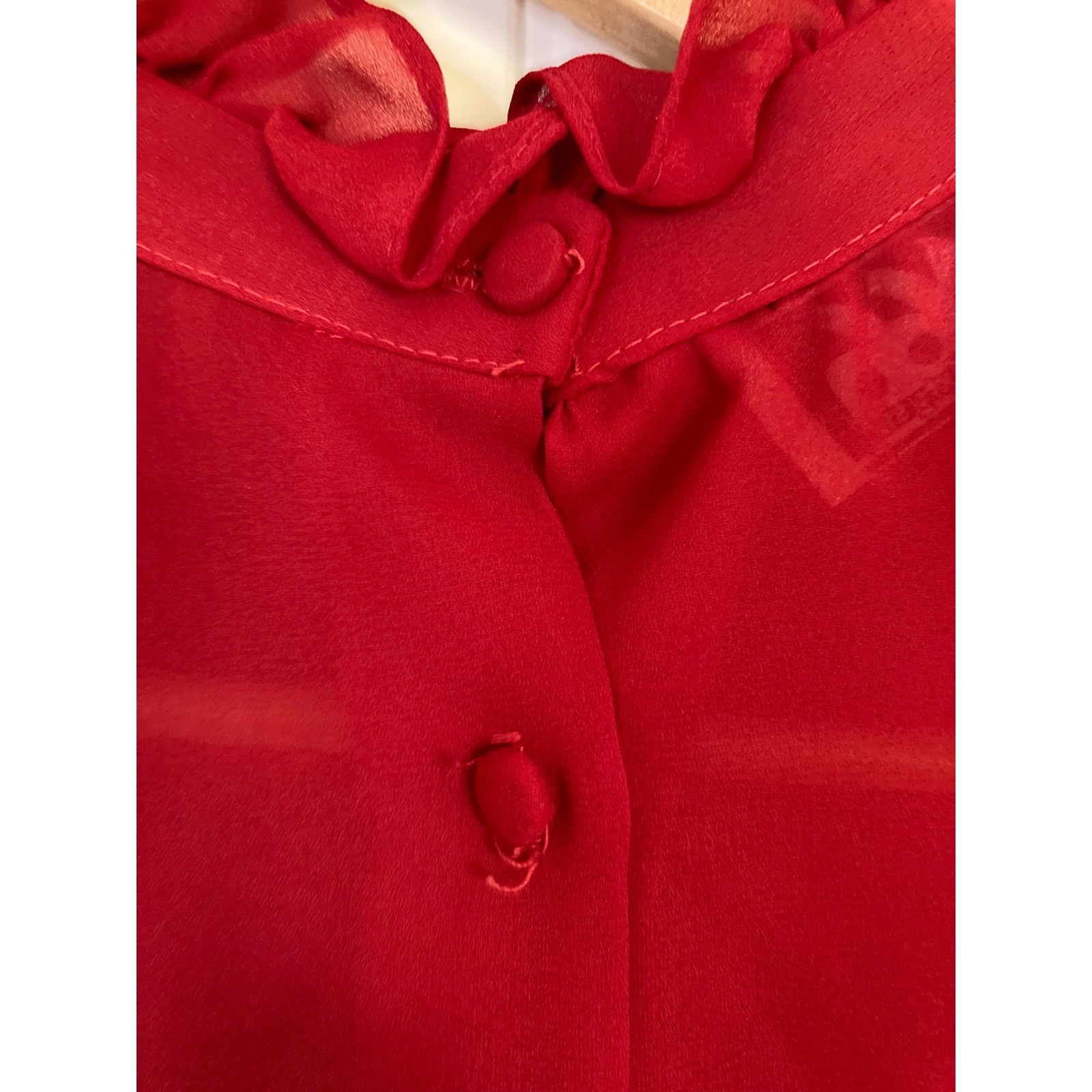 One Sixty Six Red Chiffon Blouse Vintage Victorian Ruffle Neck Embroidered Top M