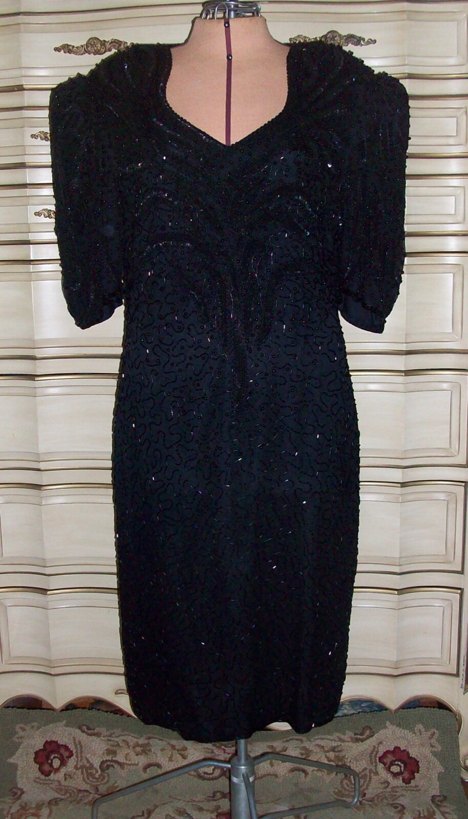 Vintage 80s Mark & John by SAM Black Beaded Silk Cocktail Dress Keyhole Back S