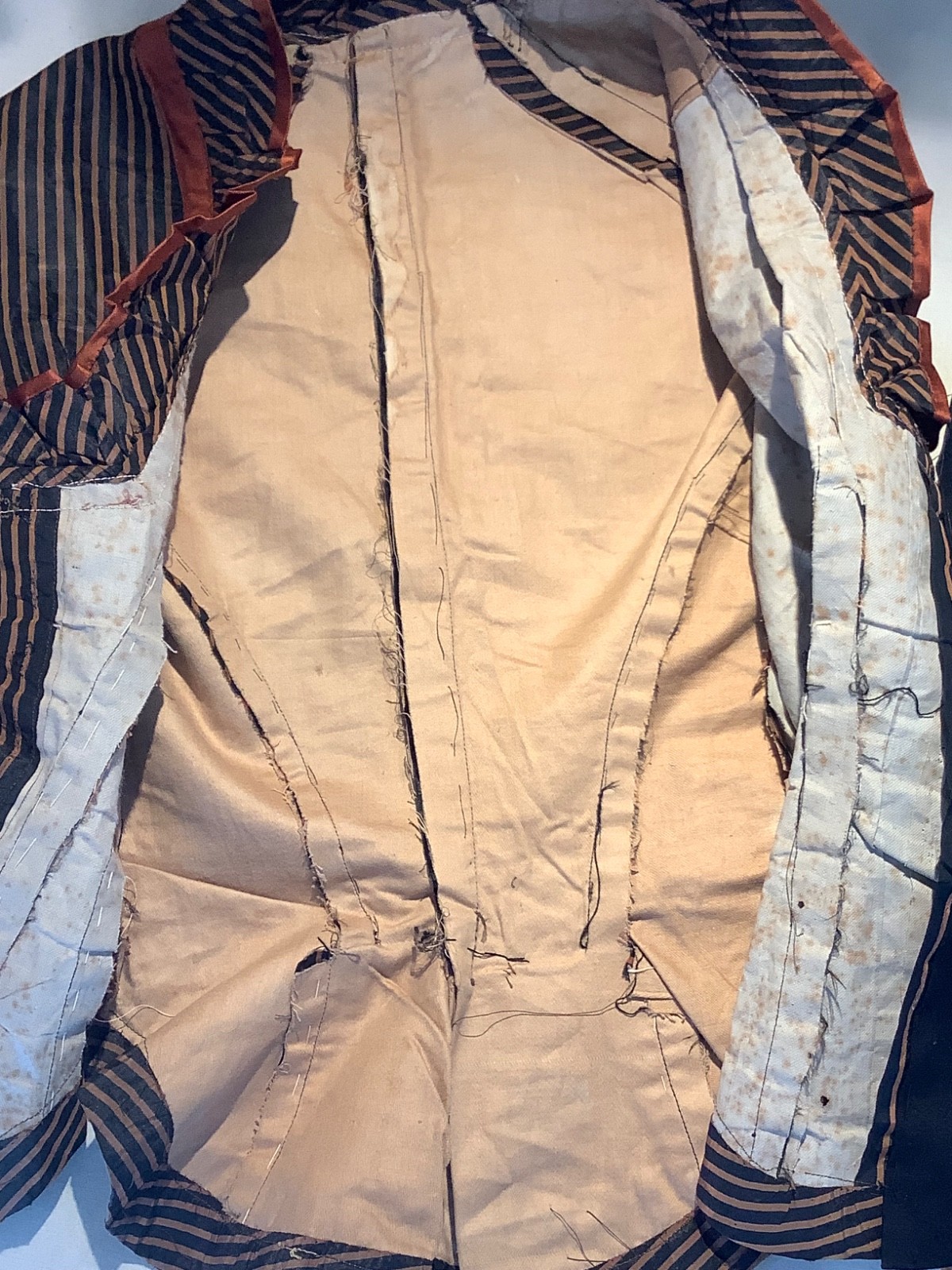 Victorian bodice Silk bustle 1880s corset Top sleeveless Stripe black Copper XXS