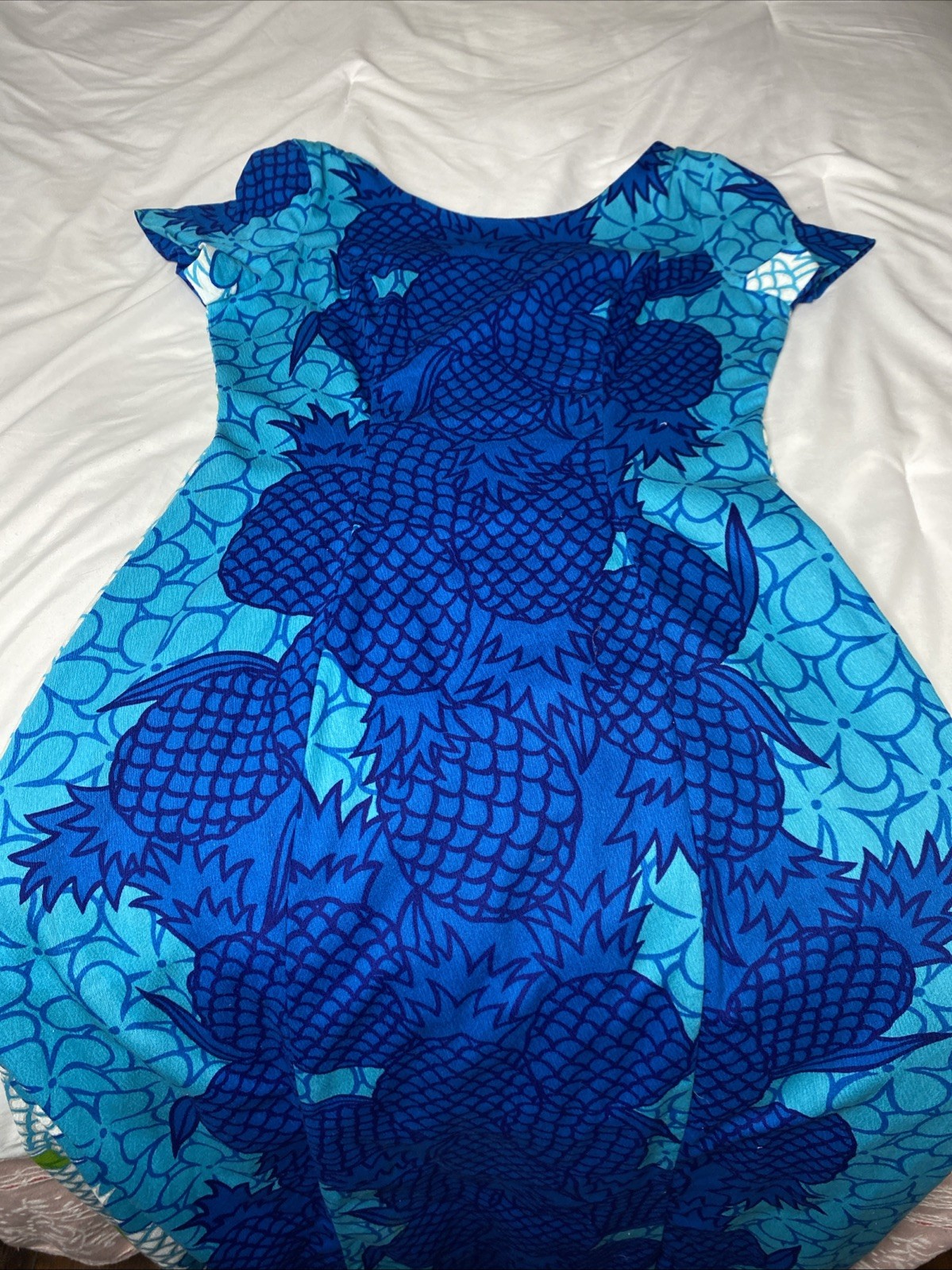 Vtg 70s Pomare Hawaiian Blue Green Floral Pineapple Tiki Muumuu Dress Sz 10
