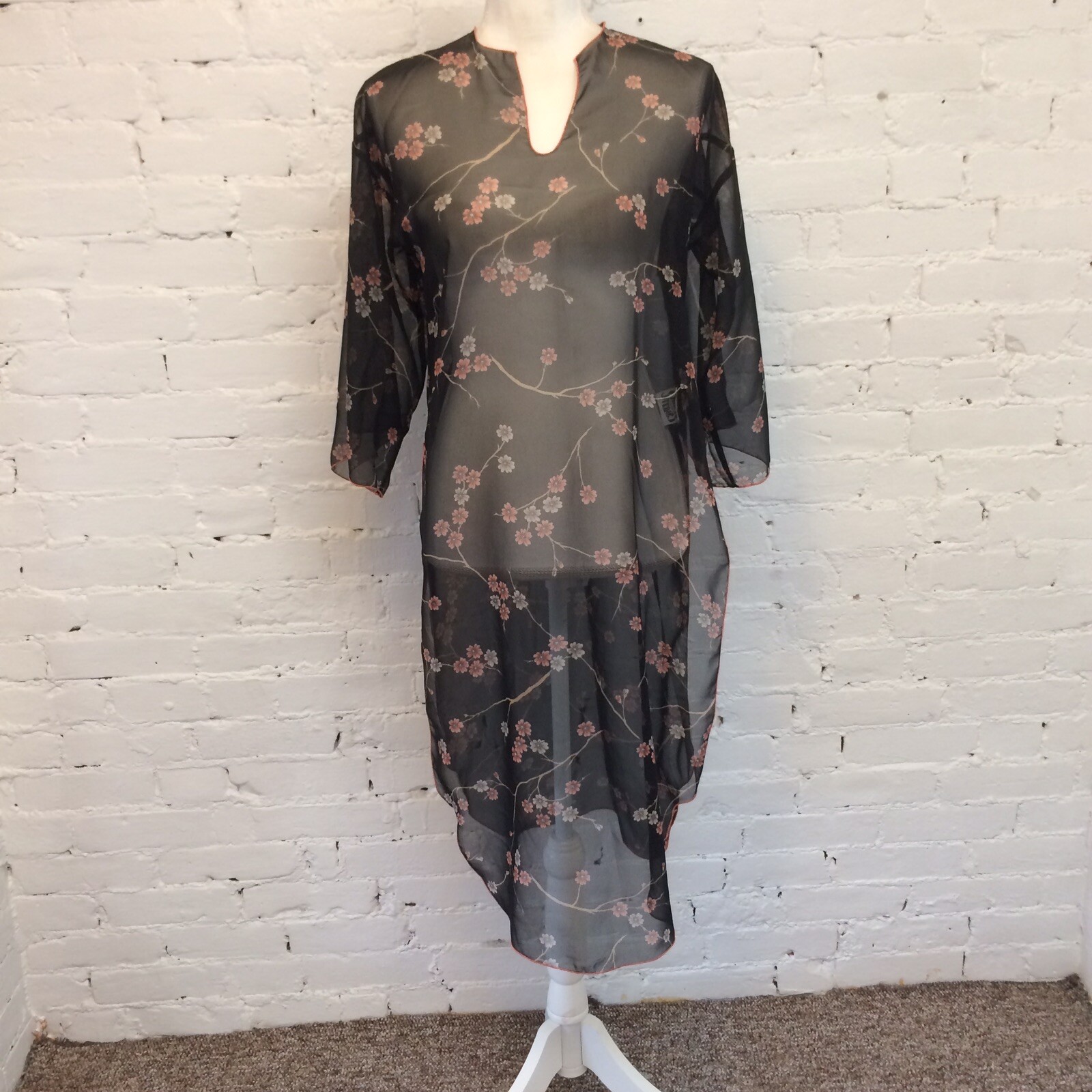 Vintage 70s Shirt Strings sheer caftan tunic black floral size small