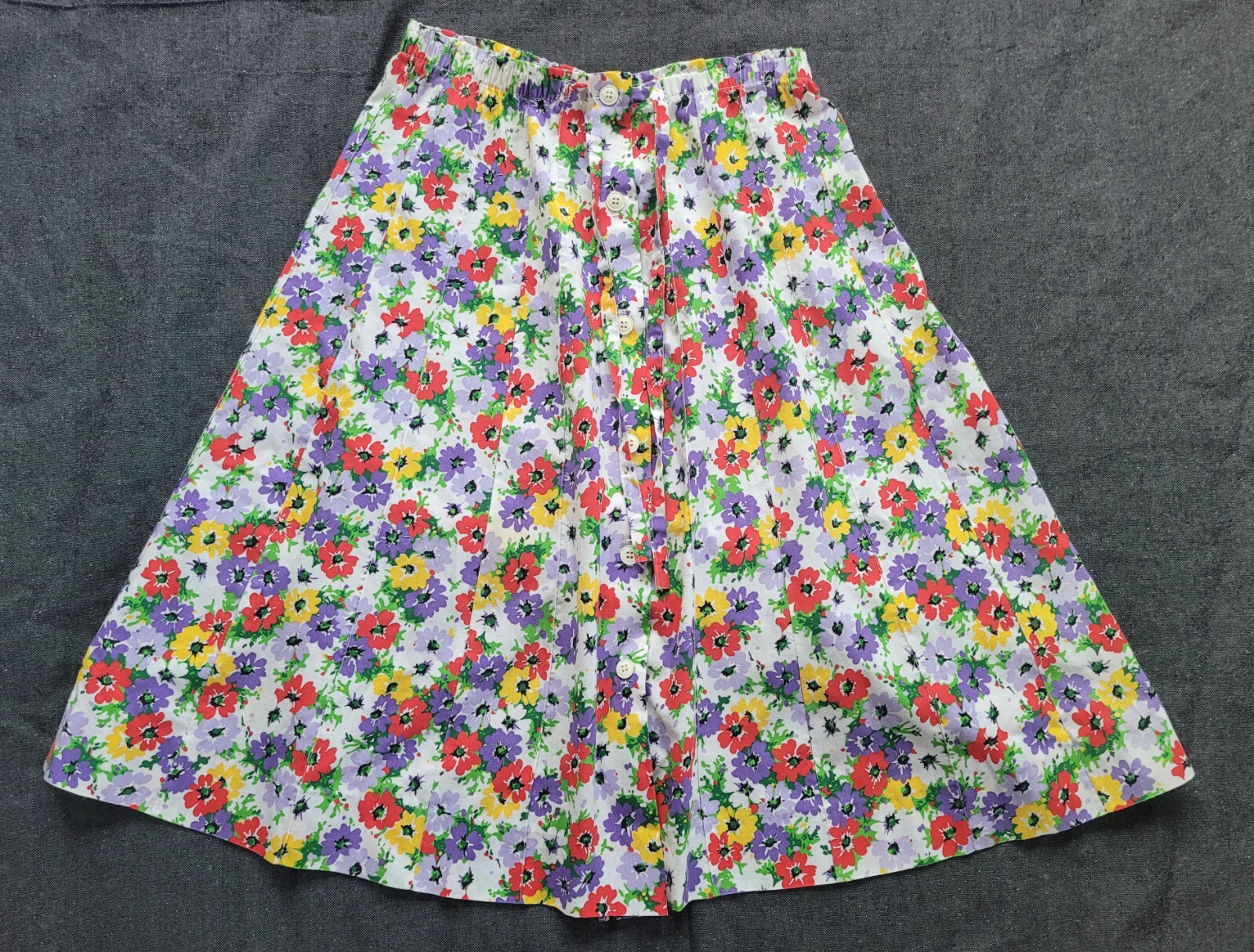 Vintage 70s Flower Power Skirt Purple Yellow Red White Retro Knee Midi S