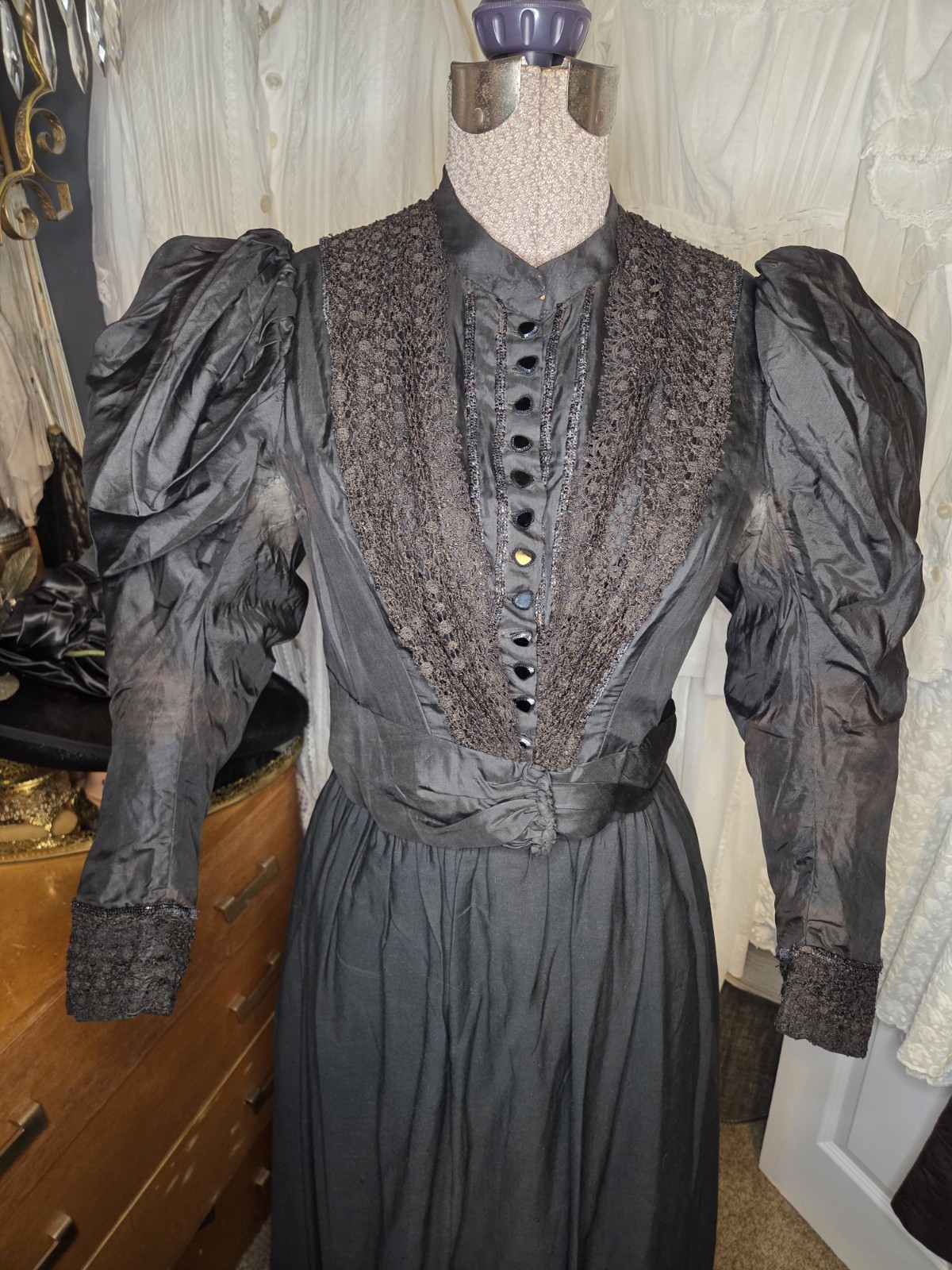 Black Victorian Silk Leg Of Mutton Sleeved Bodice With Lace & Glass Buttons READ