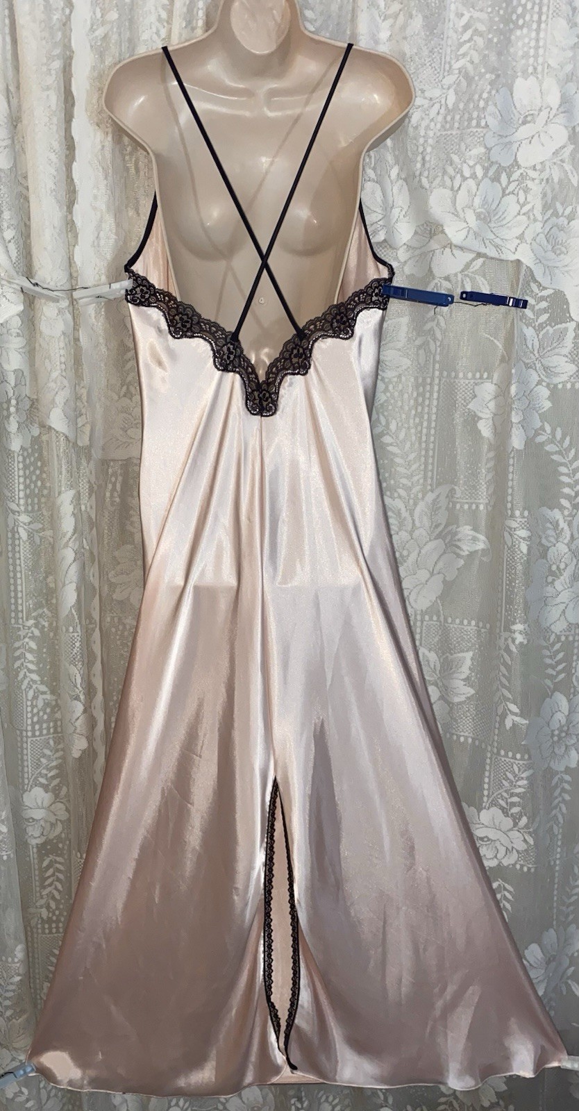 VTG 1X TALL Petra Black Sheer Chiffon Peignoir Robe Pink Nightgown Sexy Back Set