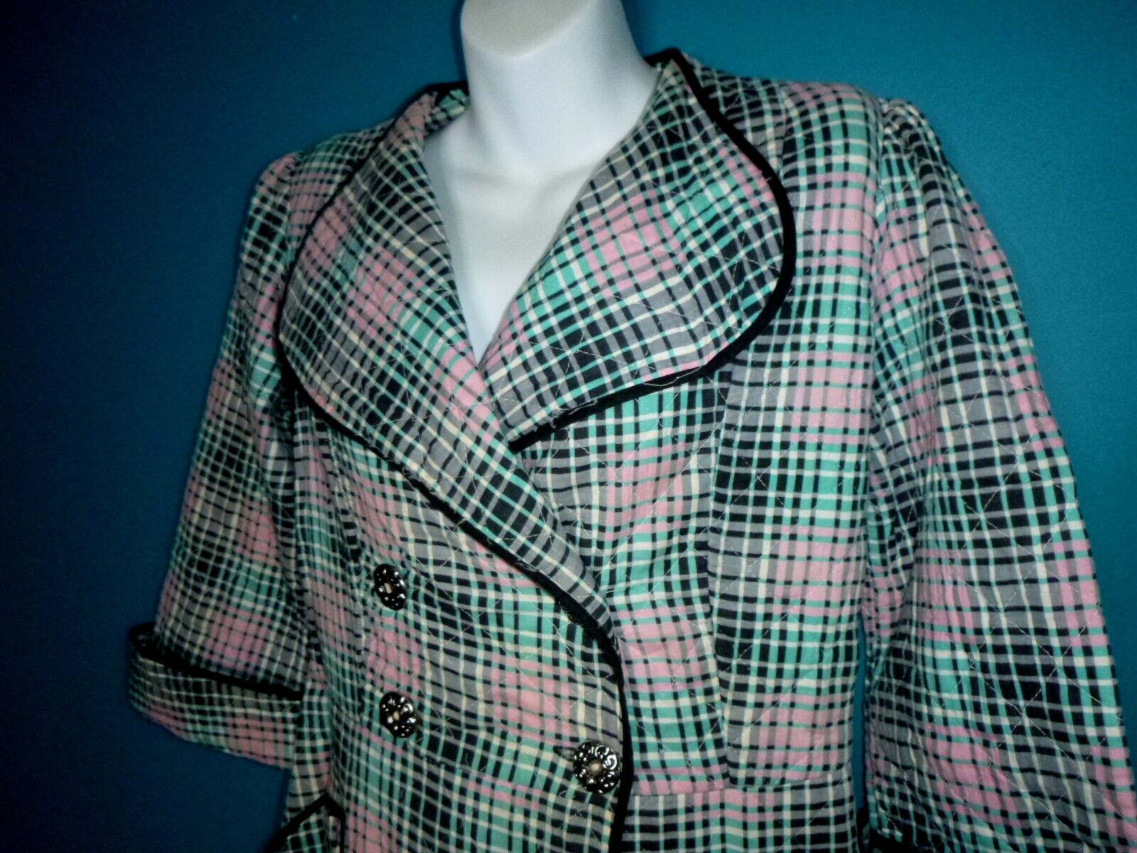 Vtg 1940s Paintset Long Quilted Cotton Robe Black Aqua Pink Plaid Sz L/XL