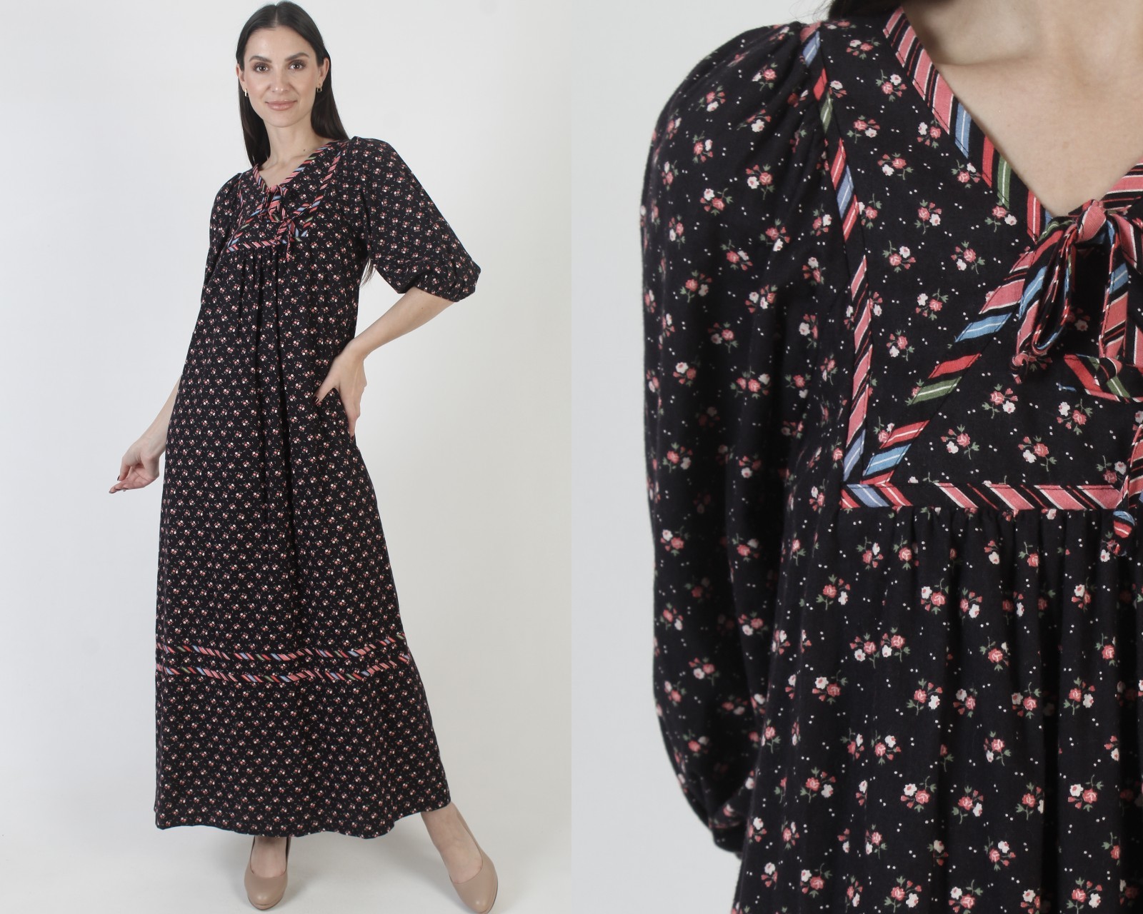 Vintage 70s Black Calico Dress Long Prairie Peasant Boho Wedding Pockets Kaftan