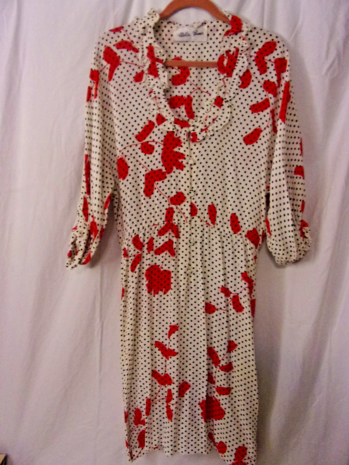 Vintage Mollie Parnis Silk Crepe Polka dot with Flowers Dress M/L Classic VGC