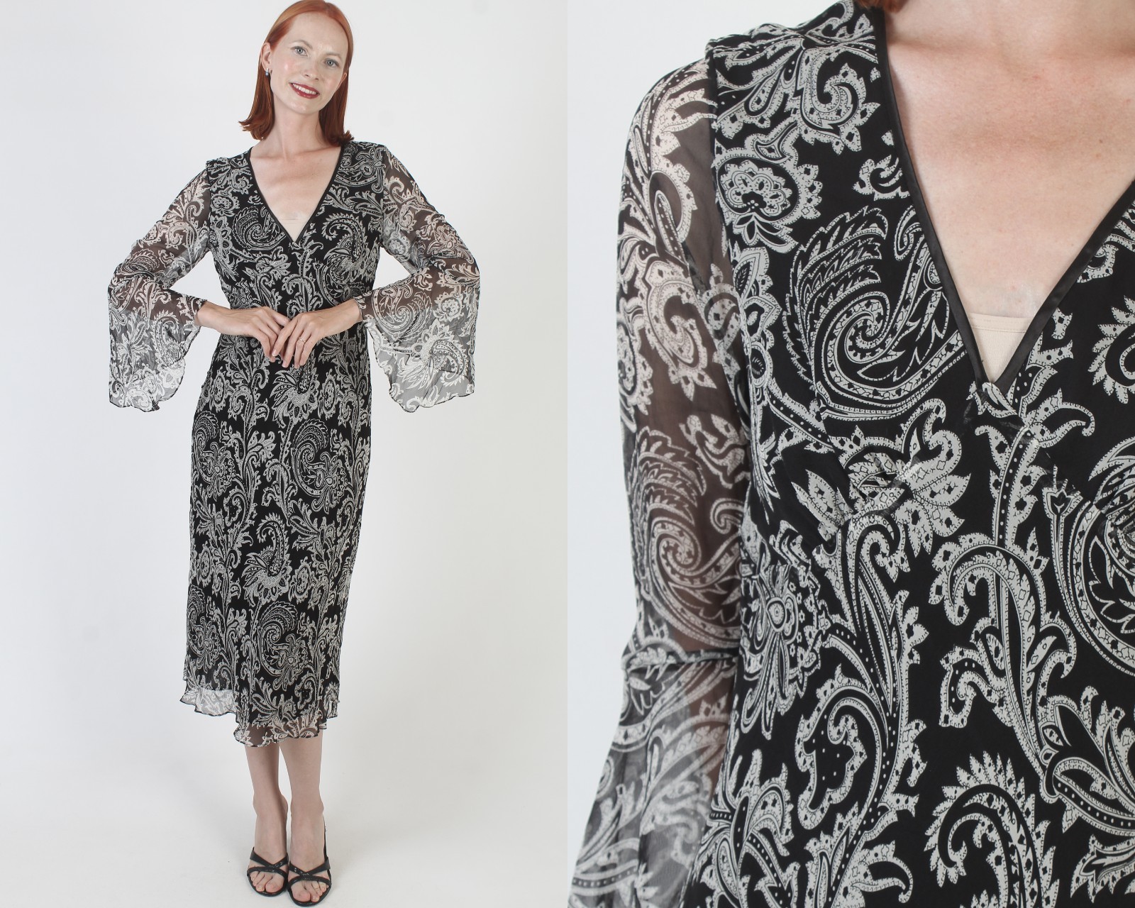 Vtg Black Silk Dress Ice Bell Slv Whimsygoth 90s Y2K Paisley Slip 2000s Midi 8
