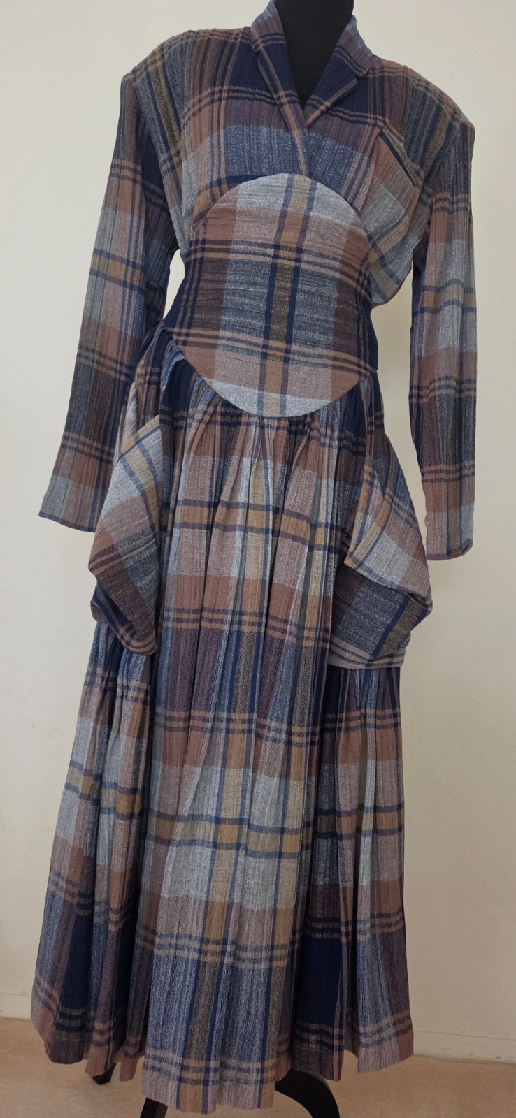 Vintage Norma Kamali Two piece Dirndl style skirt Set in Blue and Beige Plaid