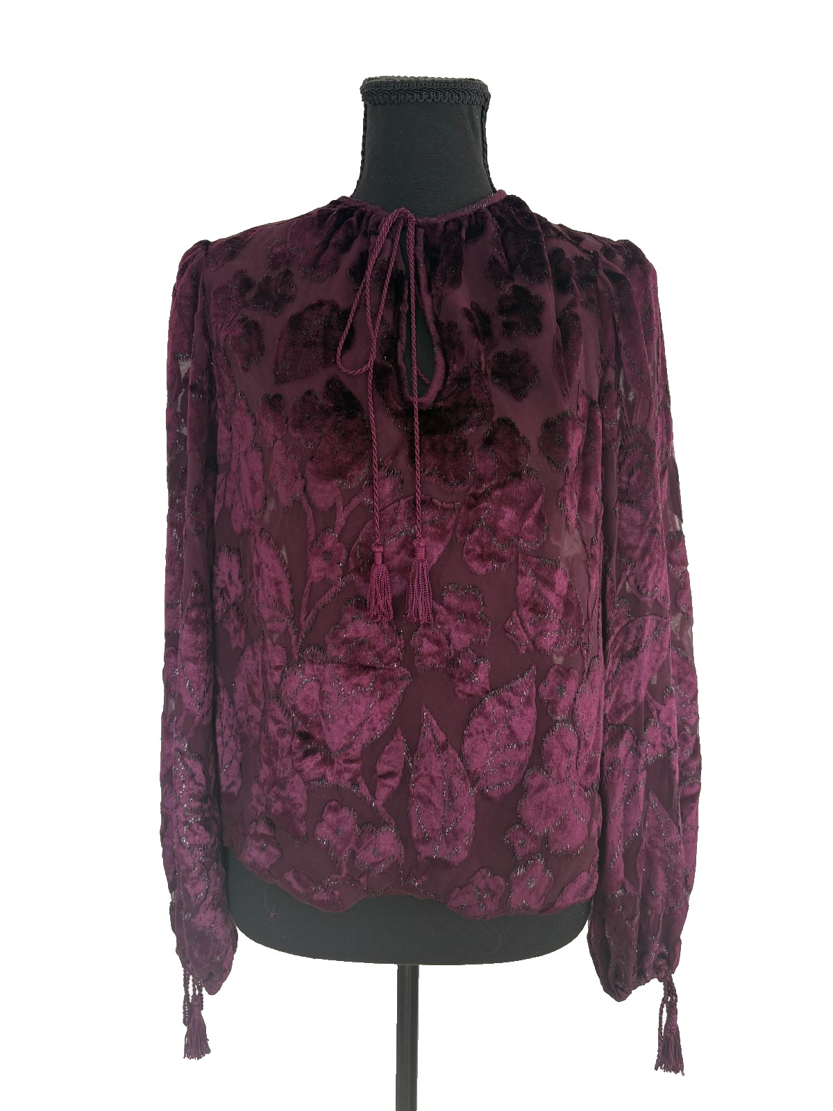 VTG 1977 Oscar de la Renta Burgundy Devoré Tassel Blouse & Skirt Set