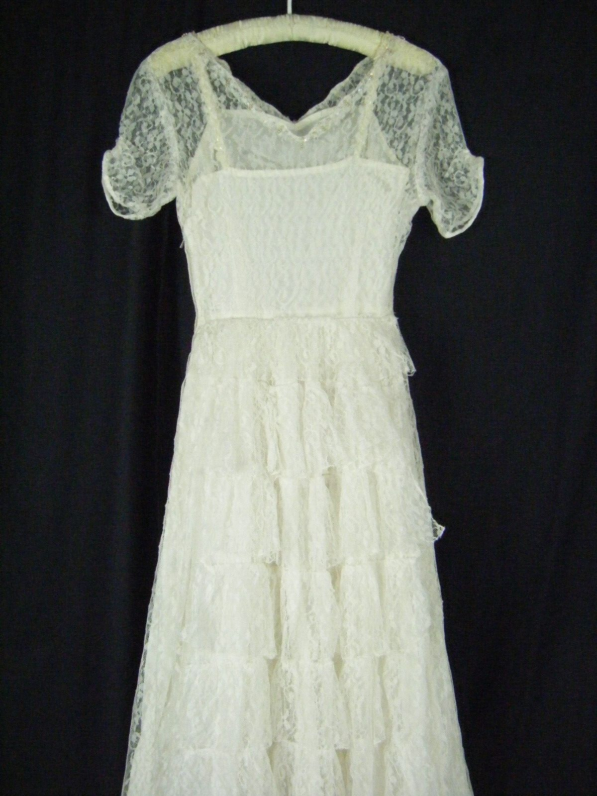 Vtg 50s Ivory Floral Beaded Lace Wedding Dress & Lace Sleeve-Bust 30/3XS-2XS