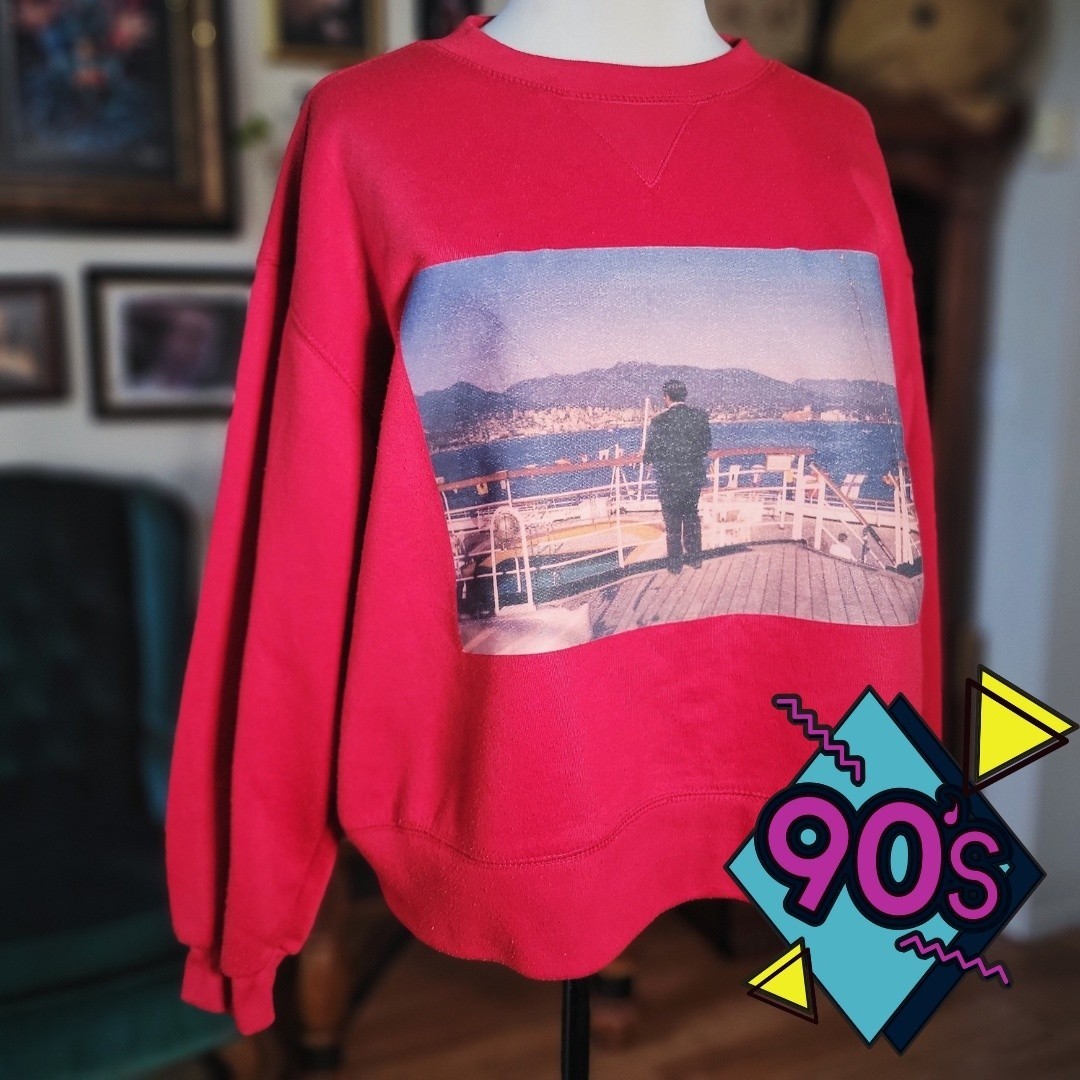 Basic Editions Red Pullover Sweatshirt Vintage 90s Yacht Rock Graphic Crewneck