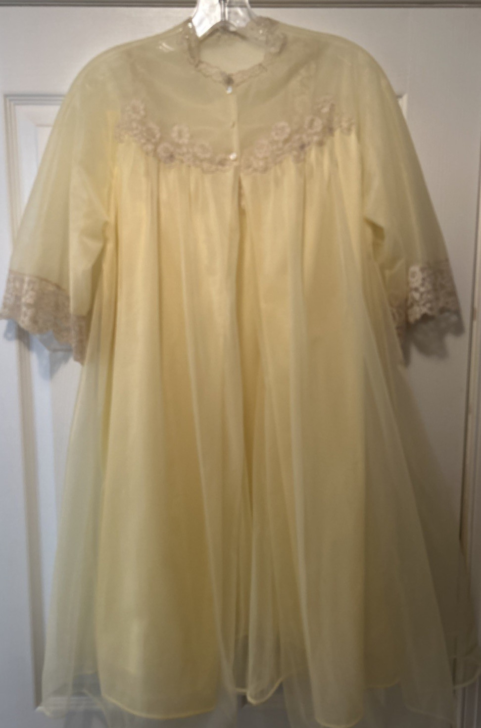 Vintage Van Raalte 1960s Yellow Nylon Chiffon Nightgown & Robe Set Lace Trim USA