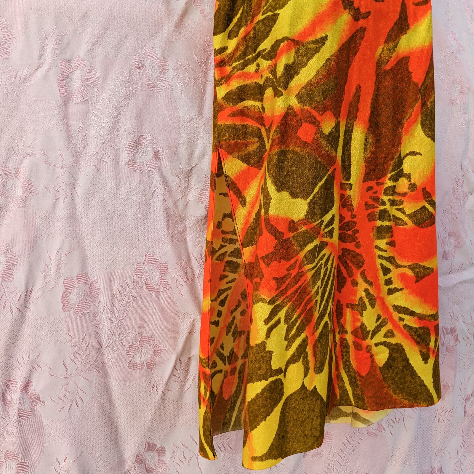 Vintage 70s Hawaiian Strapless Maxi Dress M ILGWU Neon Abstract Tiki Smocked