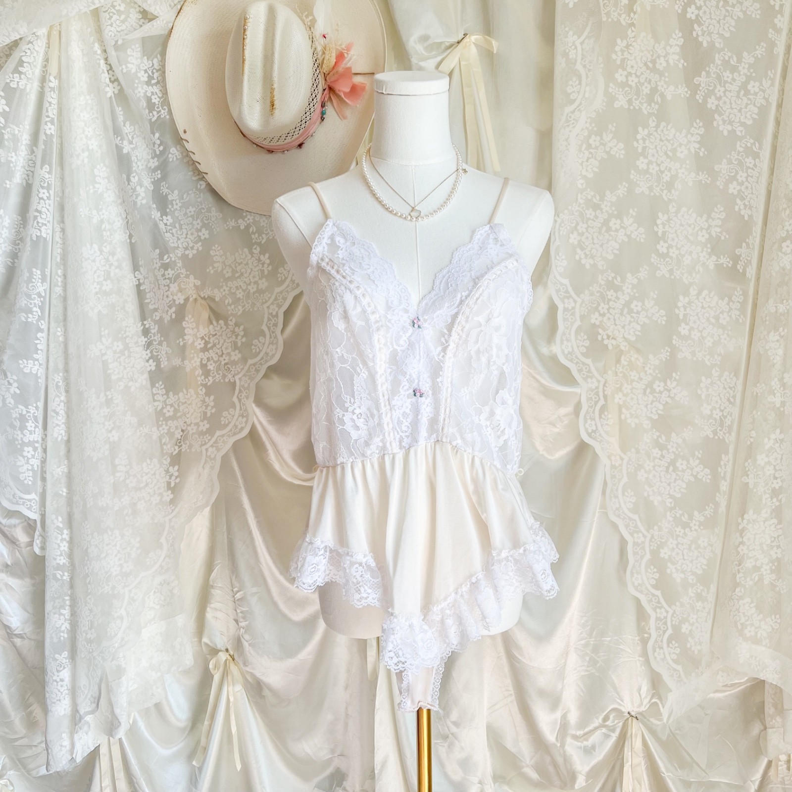 Vintage White Lace Peplum Teddy Romper