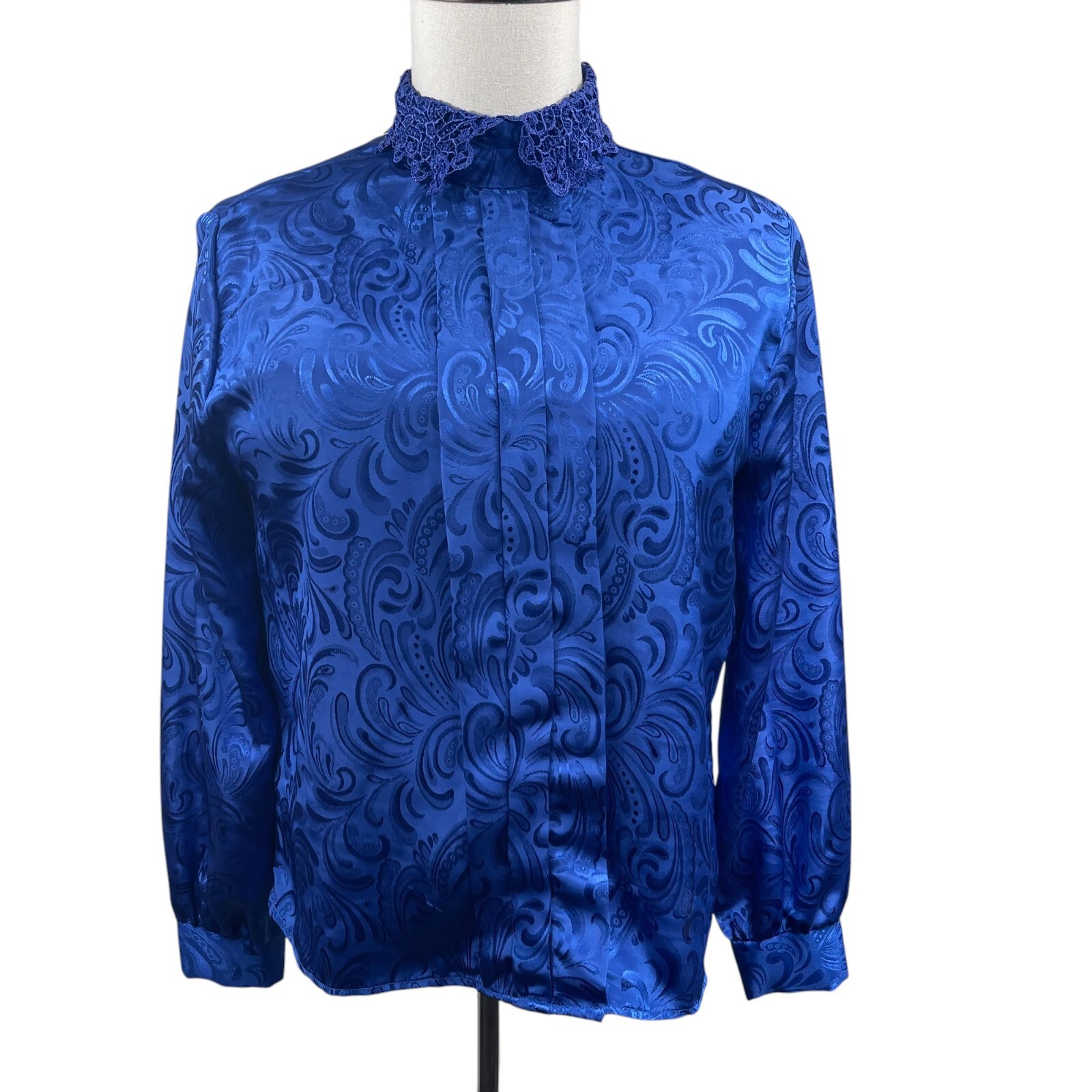 VTG 80s Blue Satin Brocade Blouse 14 Pleated Lace Mock Neck Secretary Coquette