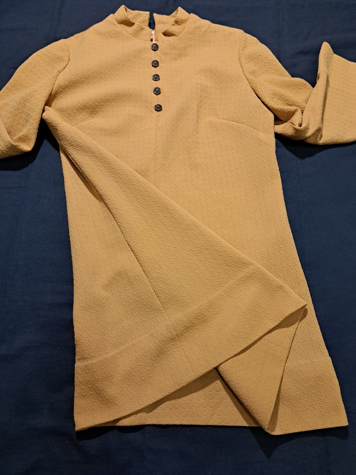 Custom Made Long Sleeve Stand Collar Mini Dress Tunic Retro Mustard Crimplen