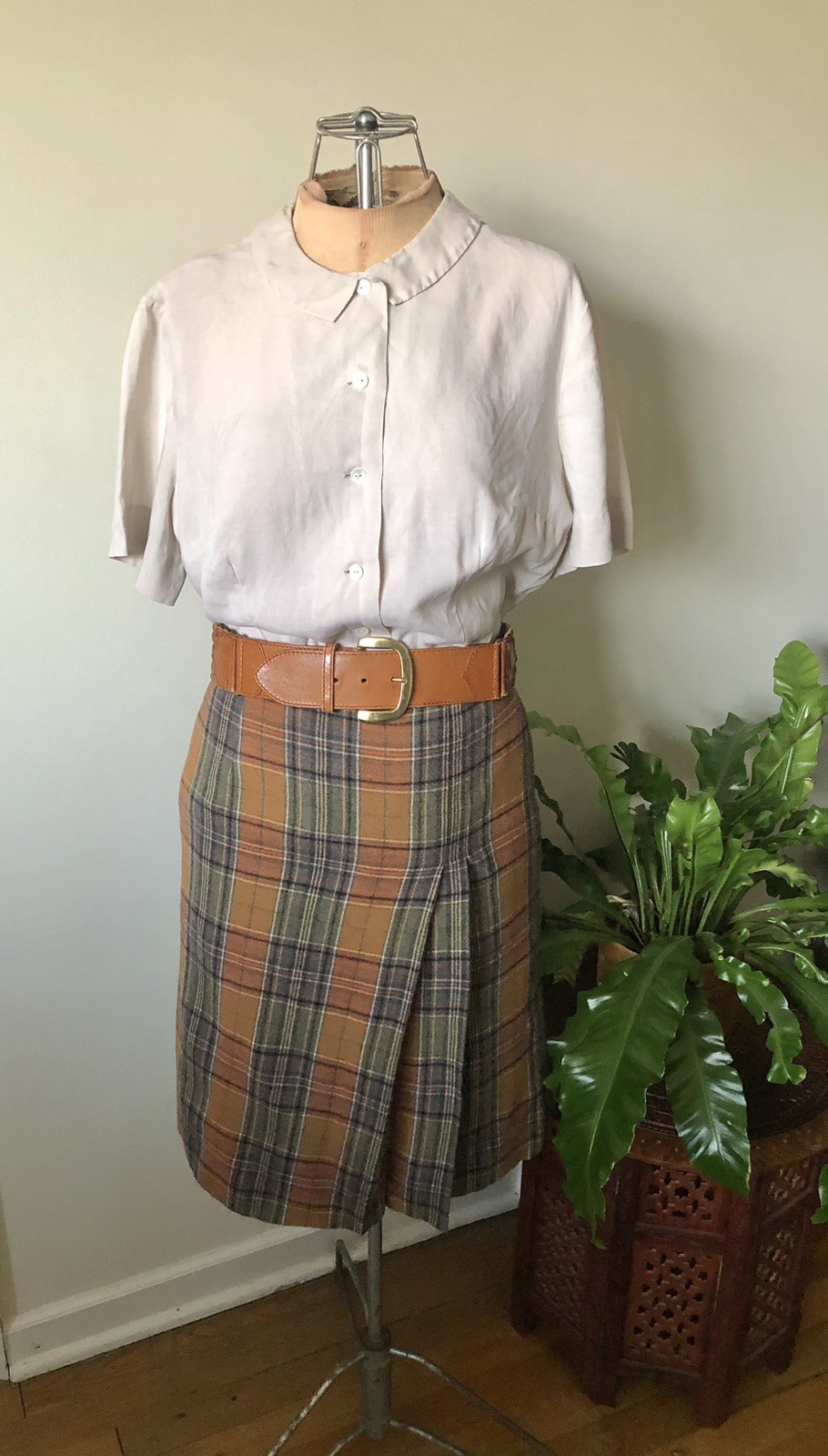 Vintage 90’s Saks Fifth Avenue Orange & Gray Plaid Wool Skirt