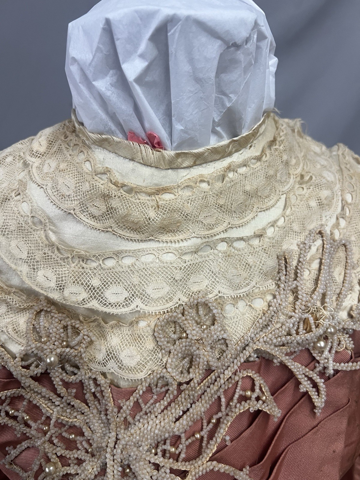 1890’s Peach Silk Faille & Lace Bustle Dinner Gown