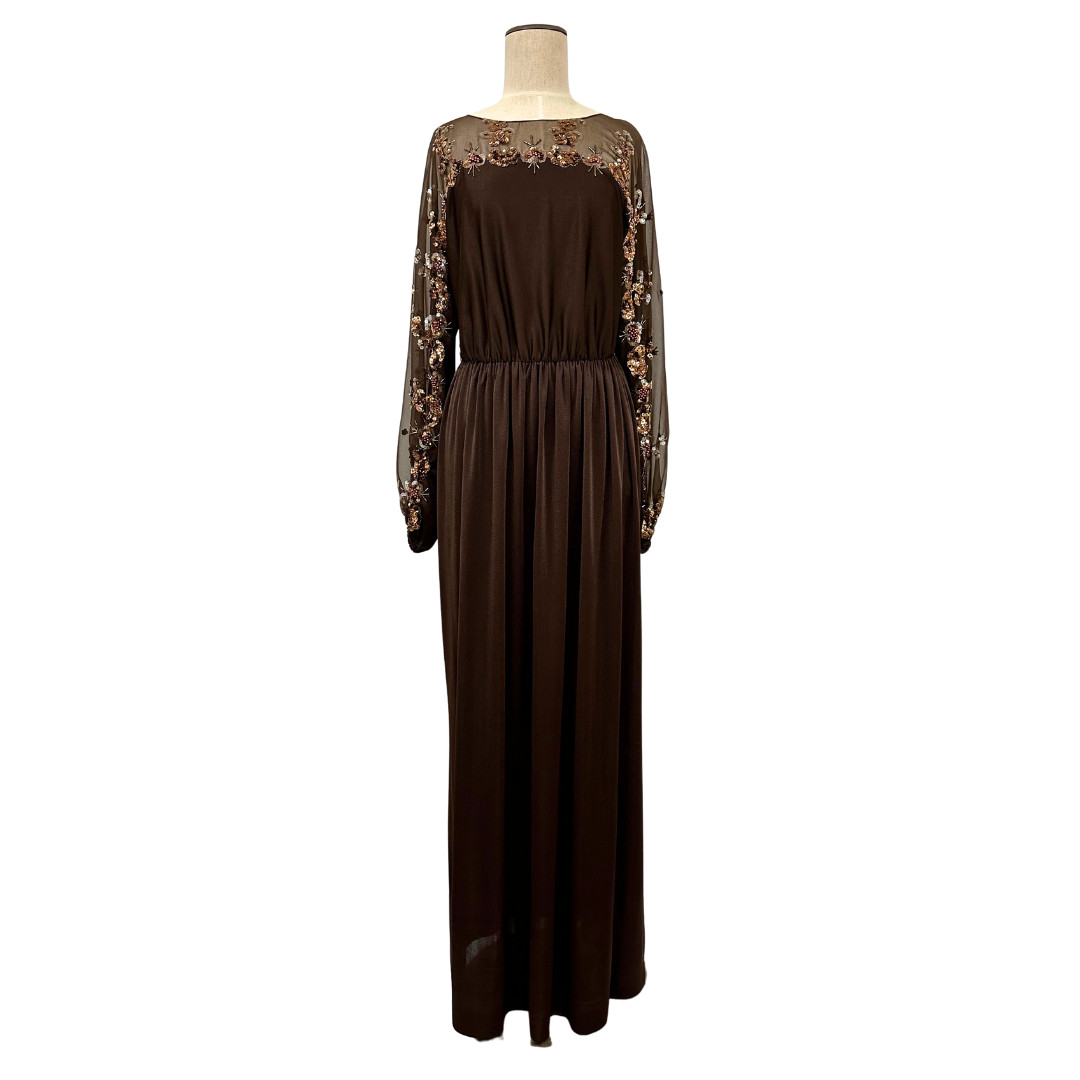 Vintage 1970s Jack Bryan Brown Floral Sequin Sheer Sleeve Gown