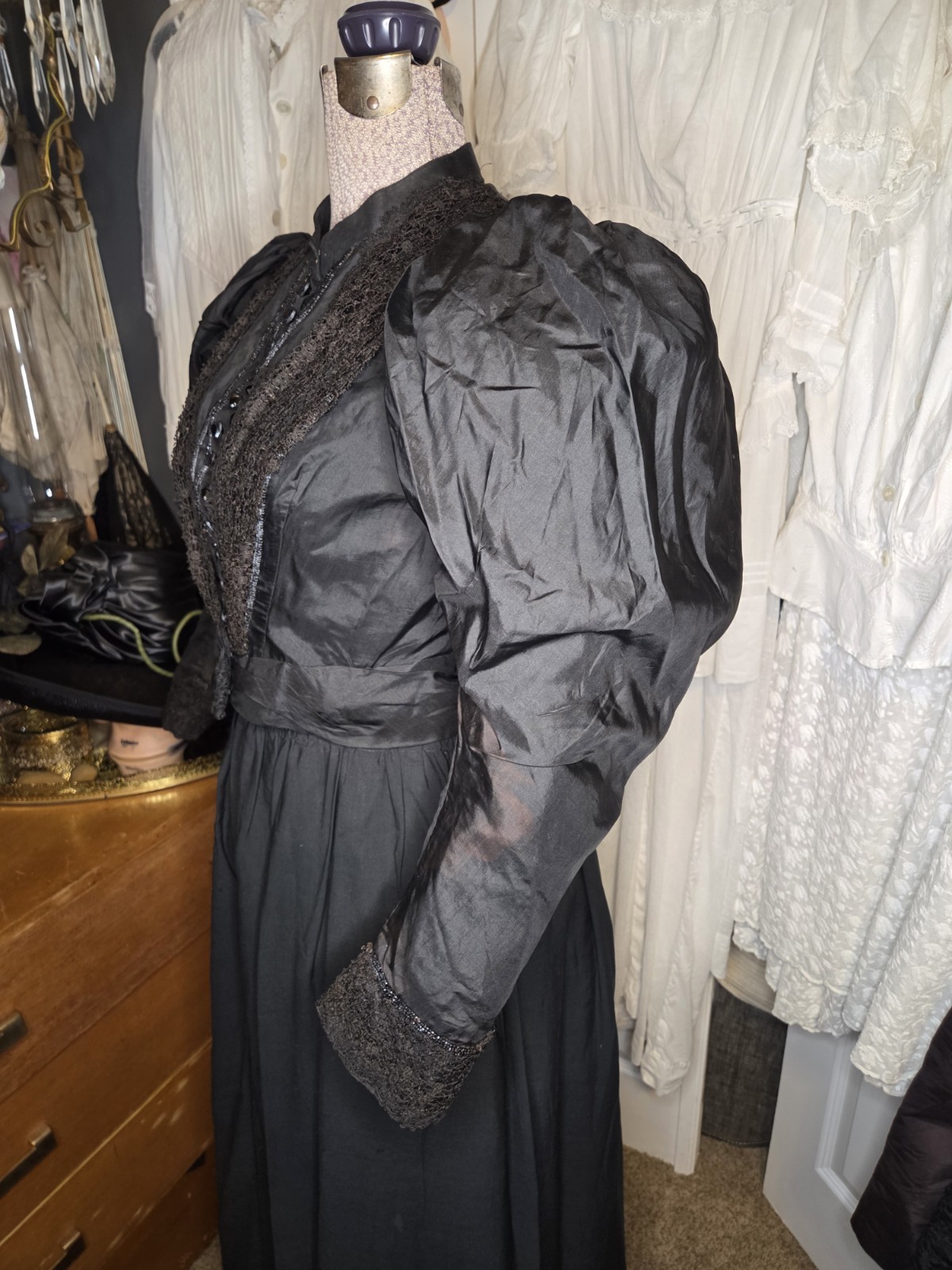 Black Victorian Silk Leg Of Mutton Sleeved Bodice With Lace & Glass Buttons READ