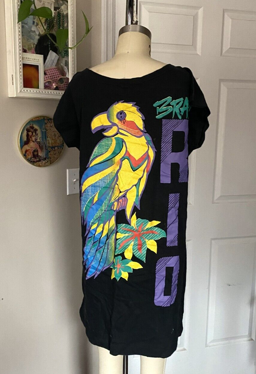 VINTAGE 1980s BLK “RIO Brasil” Tourist Mini dolman T-Shirt Shirt Dress *MEDIUM*