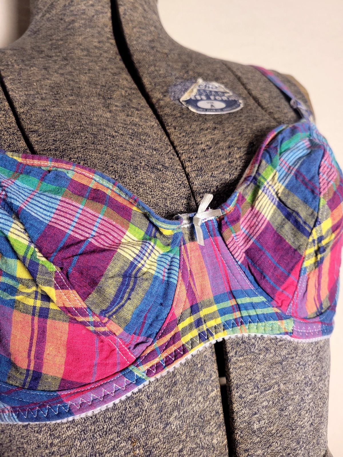 Vintage 90s Y2K Rainbow Plaid Bra Colorcore Funky Picnic 36B Gingham