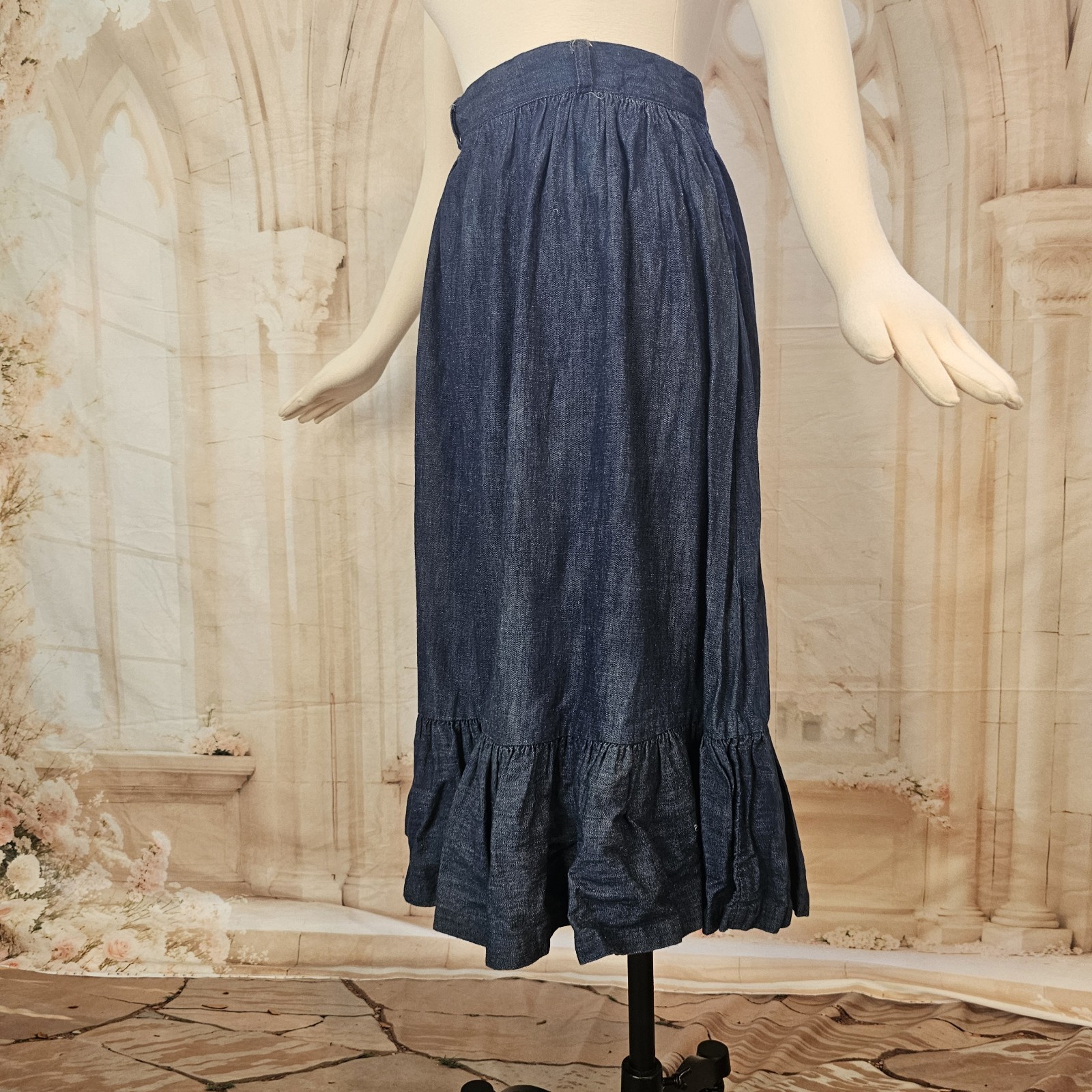 Vintage 1970s Denim Blue Jean Skirt Flowy Swing Ruffled Boho Fairycore Retro