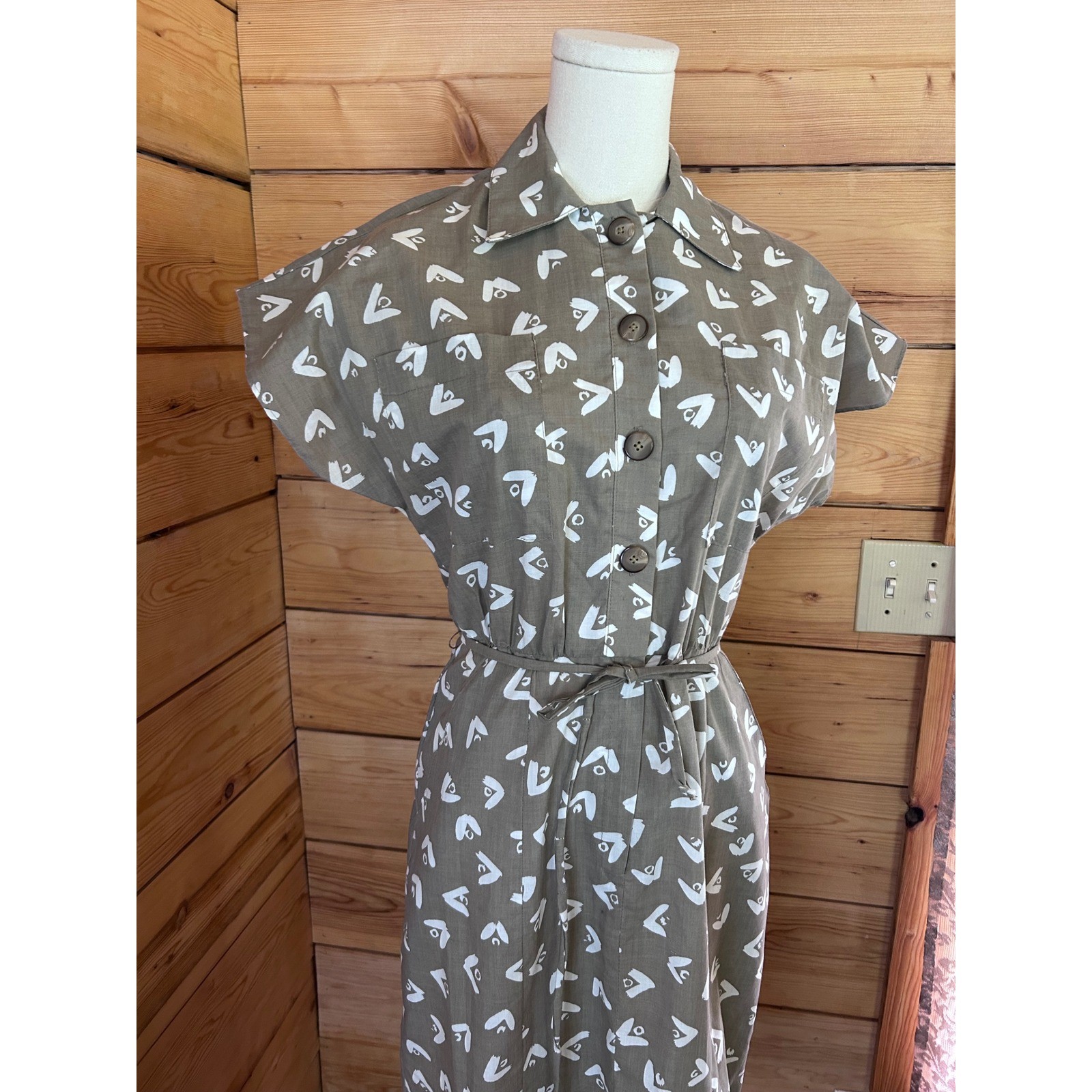 Vintage Shirtdress Women Large Taupe Geometric Abstract Heart Print 80s Handmade