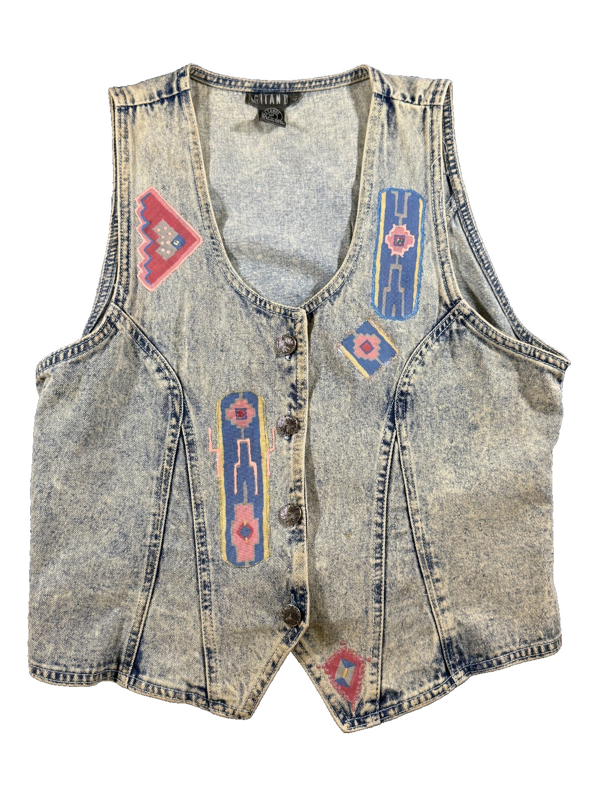 Vintage Gitano Acid Wash Denim Vest Painted Size Large 80’s