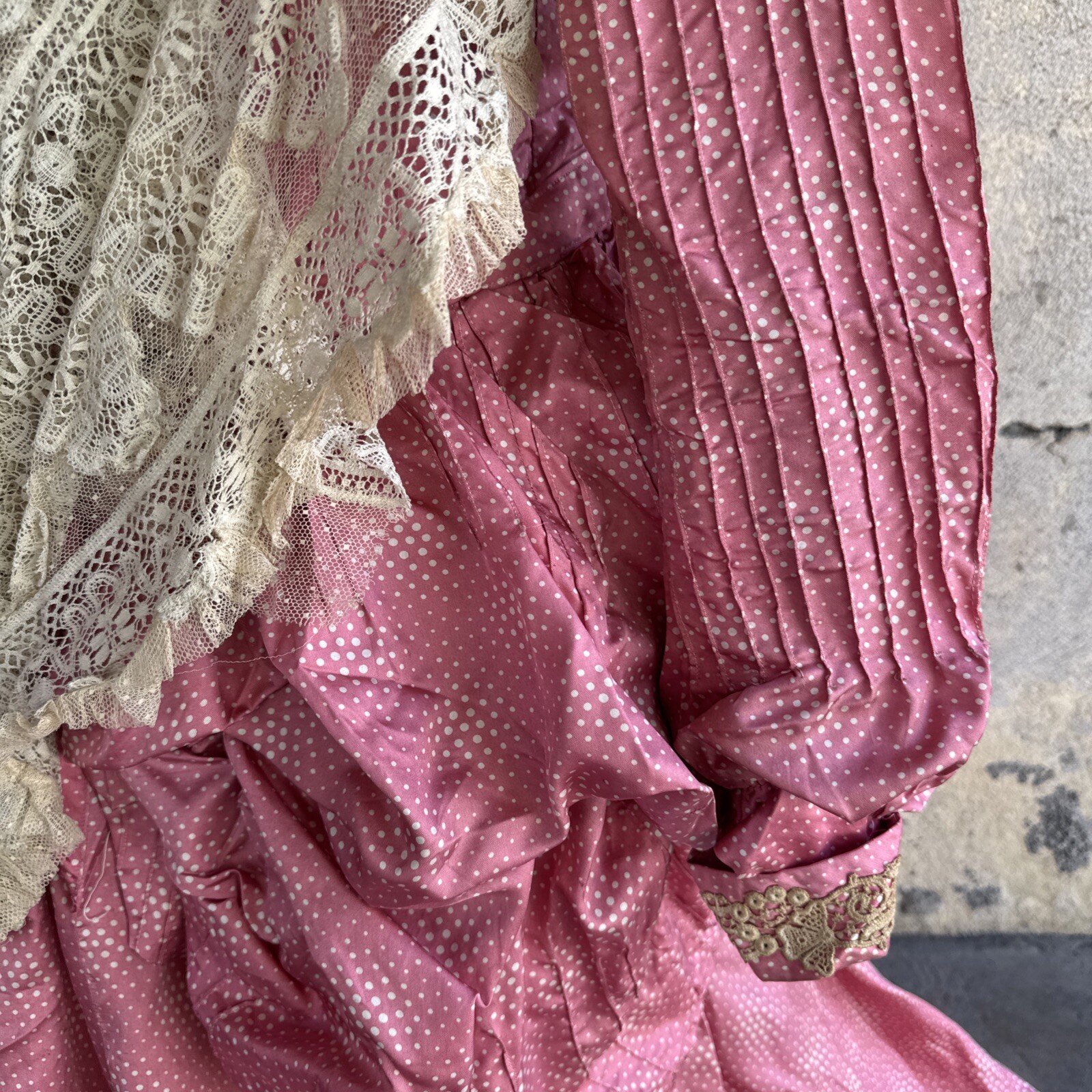 Antique Victorian Pink Silk Dot Print Dress Side Bustle Gown Lace 1880s Vintage