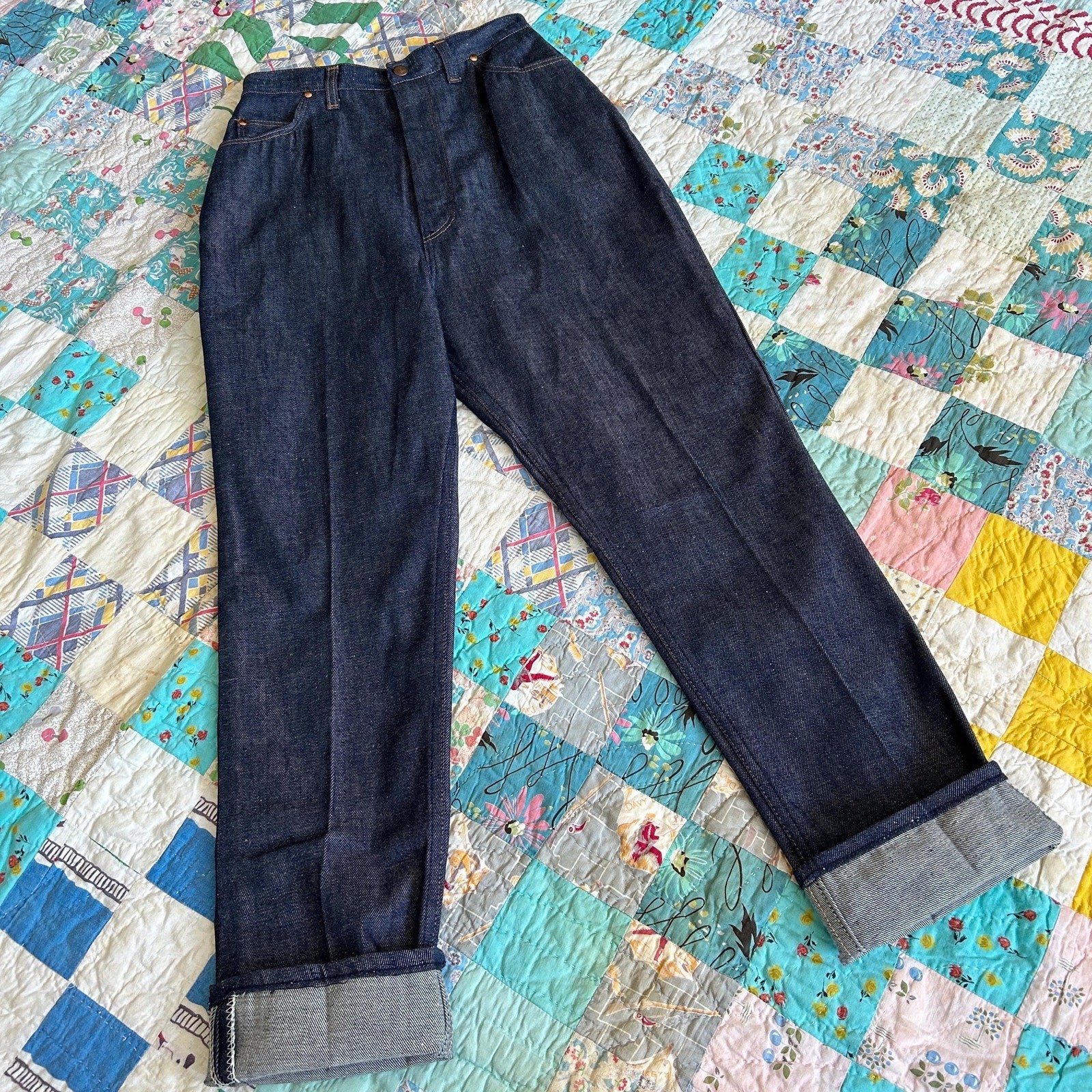 Vintage 50s/60s DEADSTOCK Sears Super High Waist Dark Wash Raw Denim Jeans 27×30