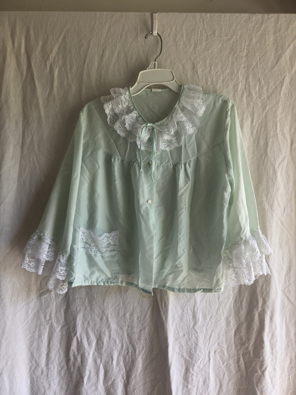 Vintage Sears Bed Jacket Womens Size Large Pastel Green Lace Trim Pocket