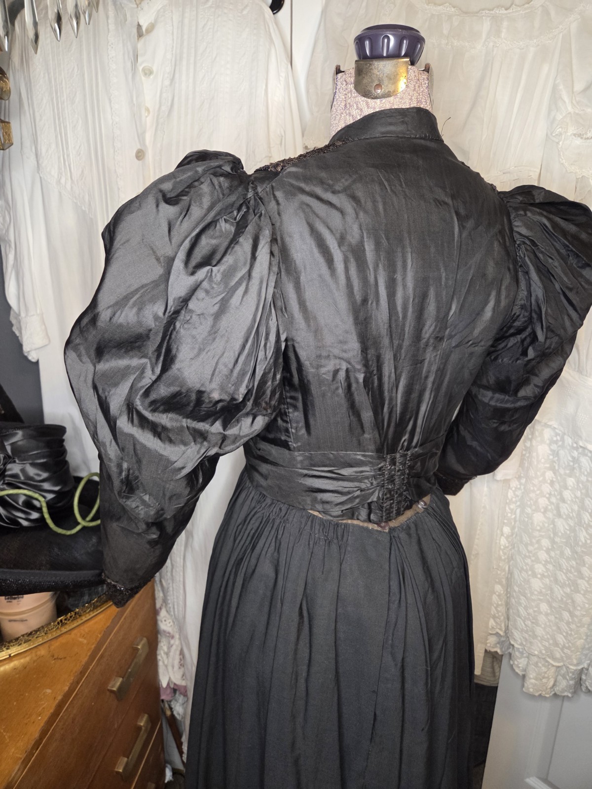 Black Victorian Silk Leg Of Mutton Sleeved Bodice With Lace & Glass Buttons READ
