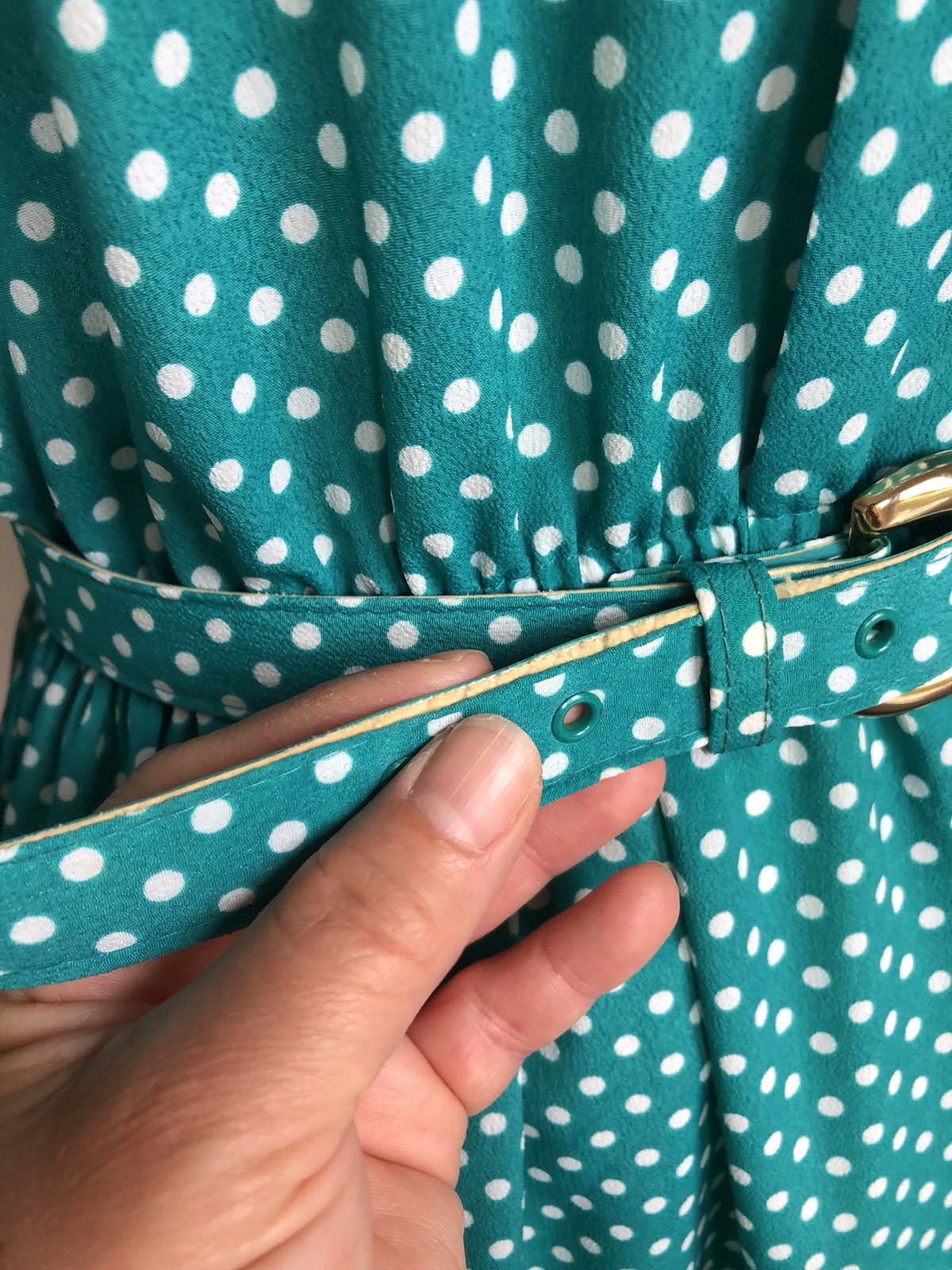 GORGEOUS VTG LADY CAROL Petites Teal Blue White Polka Dots Silky Belted Dress 8