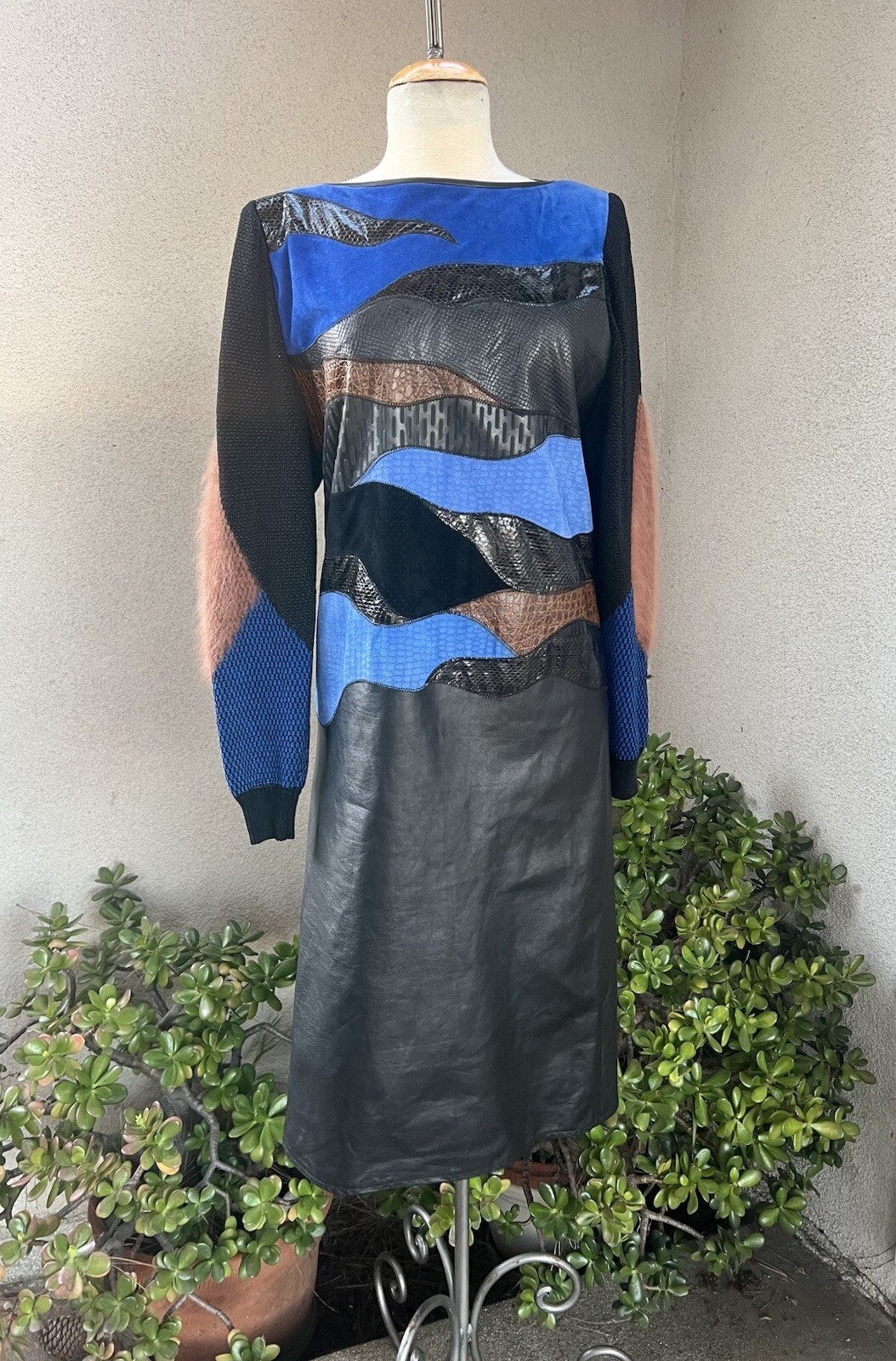 Vtg Amen Wardy 80s Leather Dress Black Blue Snake Skin Trim Knit Sleeve S/M