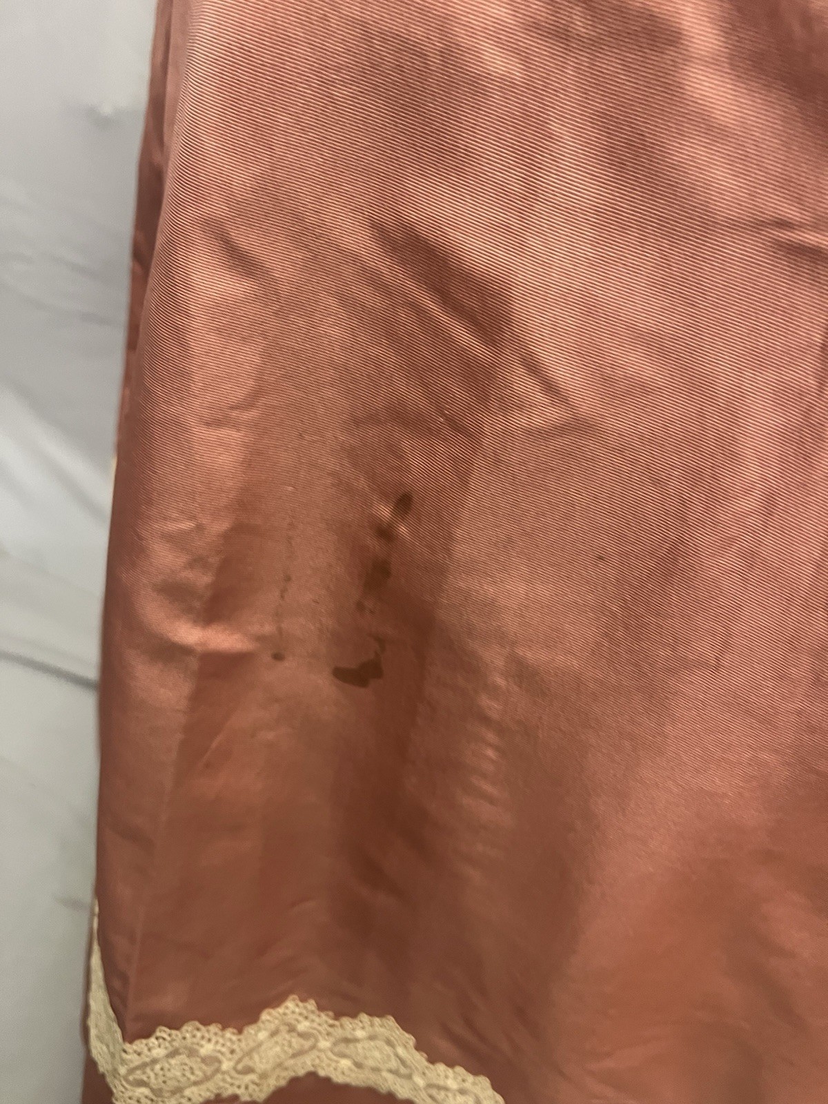 1890’s Peach Silk Faille & Lace Bustle Dinner Gown