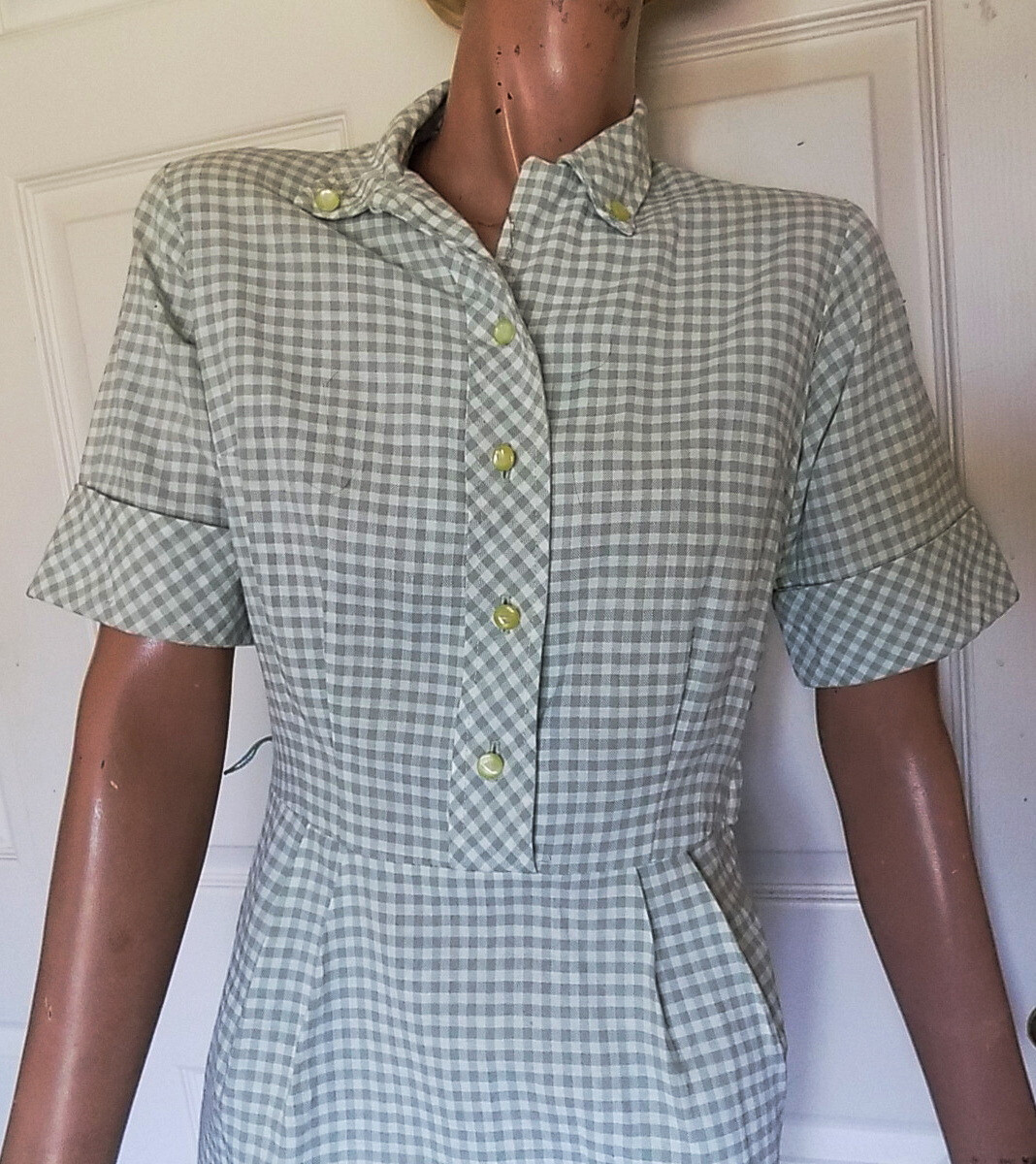Vintage 50s Checked Dress Sage Green White Side Zip Teena Paige B36