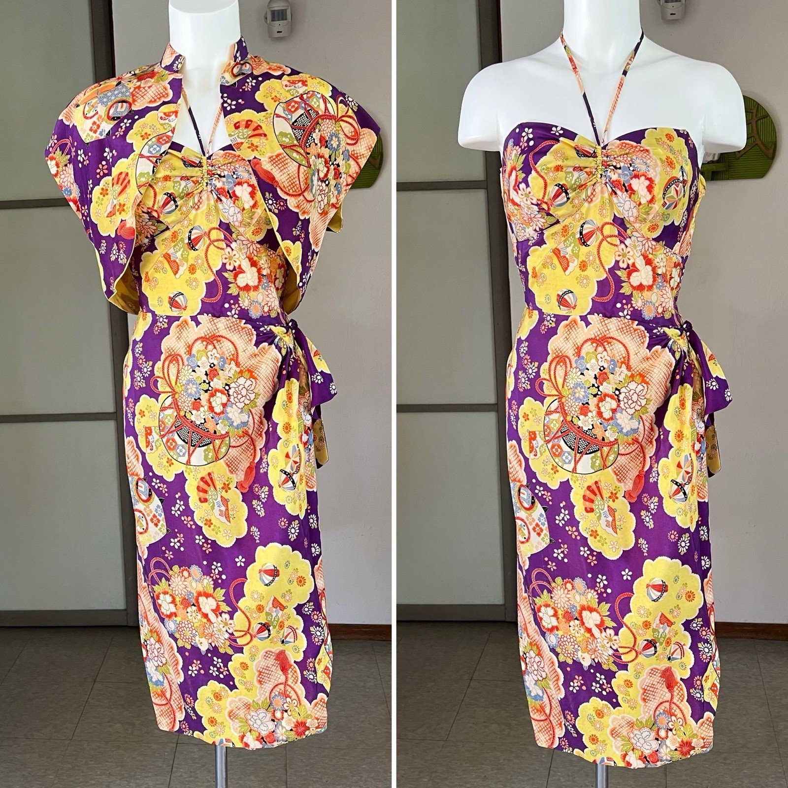 1940s Or 50s Vintage Asian Print Silk Hawaiian Sarong Dress With Jacket 27w