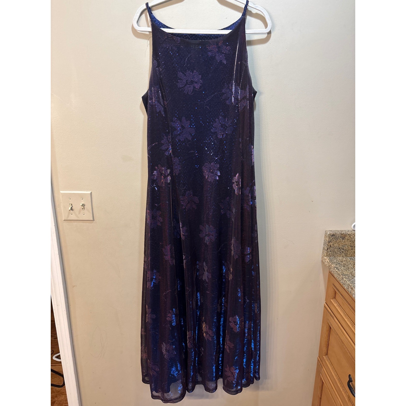 Y2K Helene Blake VTG Iridescent Sequin Floral Burnout Maxi Dress Purple Blue 16