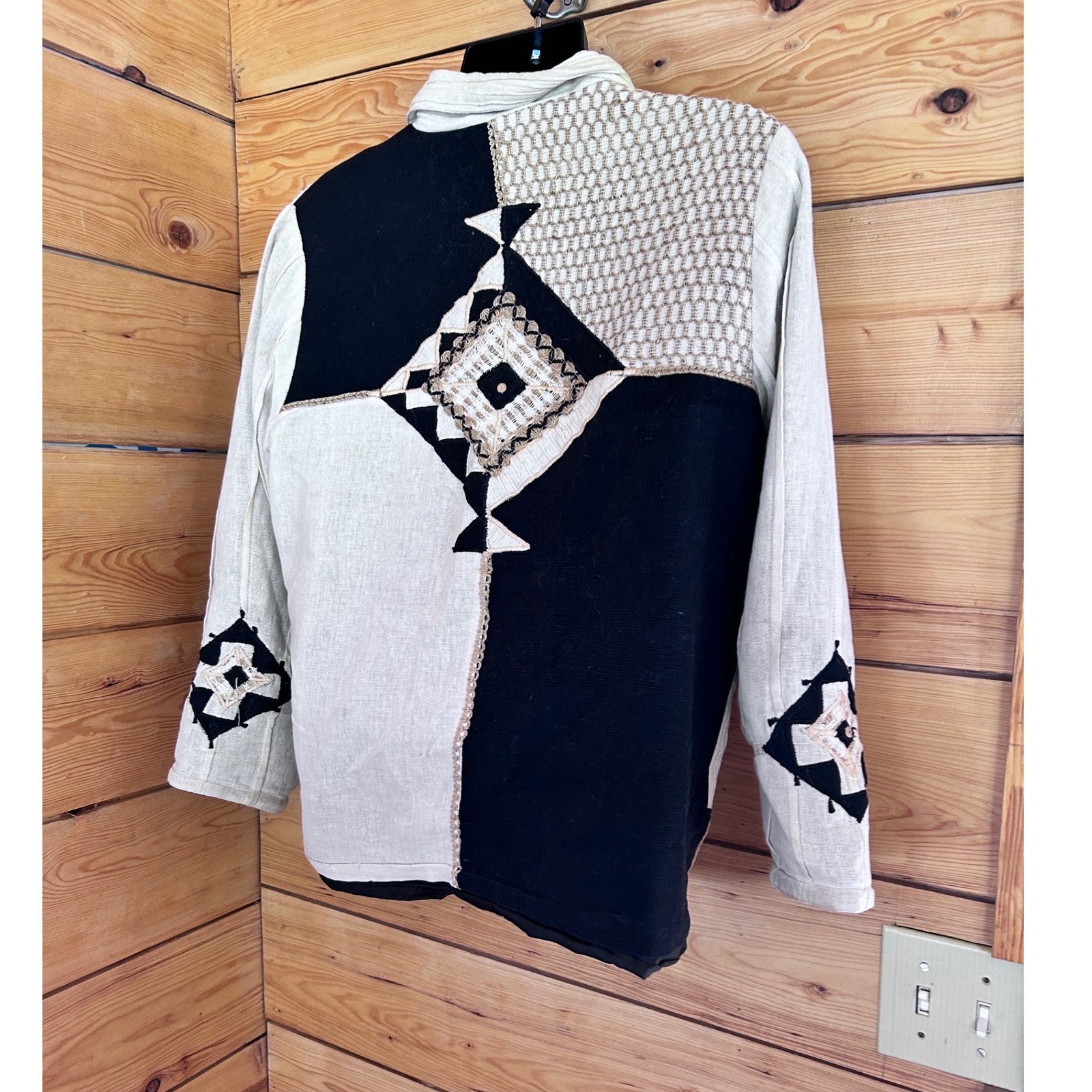 Vintage Linen Patchwork Jacket Unisex Medium Black Cream Embroidered Poetica